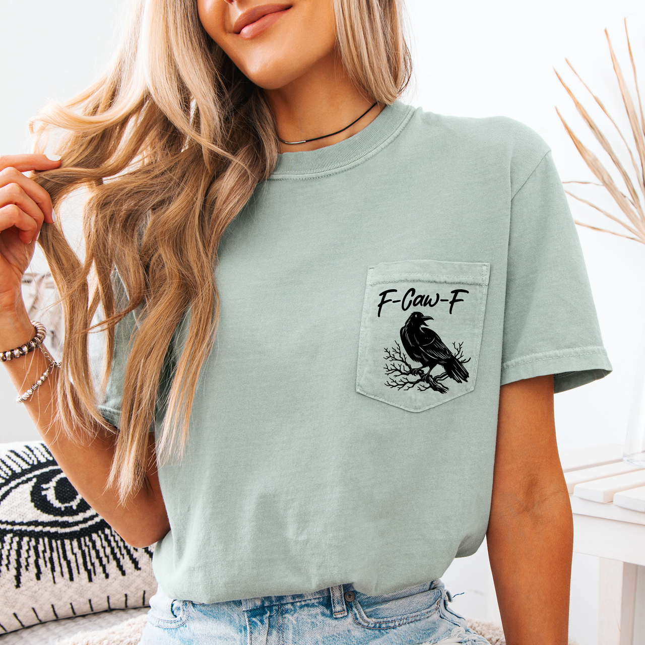 F Caw F Raven Crow Gothic Halloween Witch Spooky Dark Humor Crude Crass Laughs Pocket Vibe Comfort Colors Tee