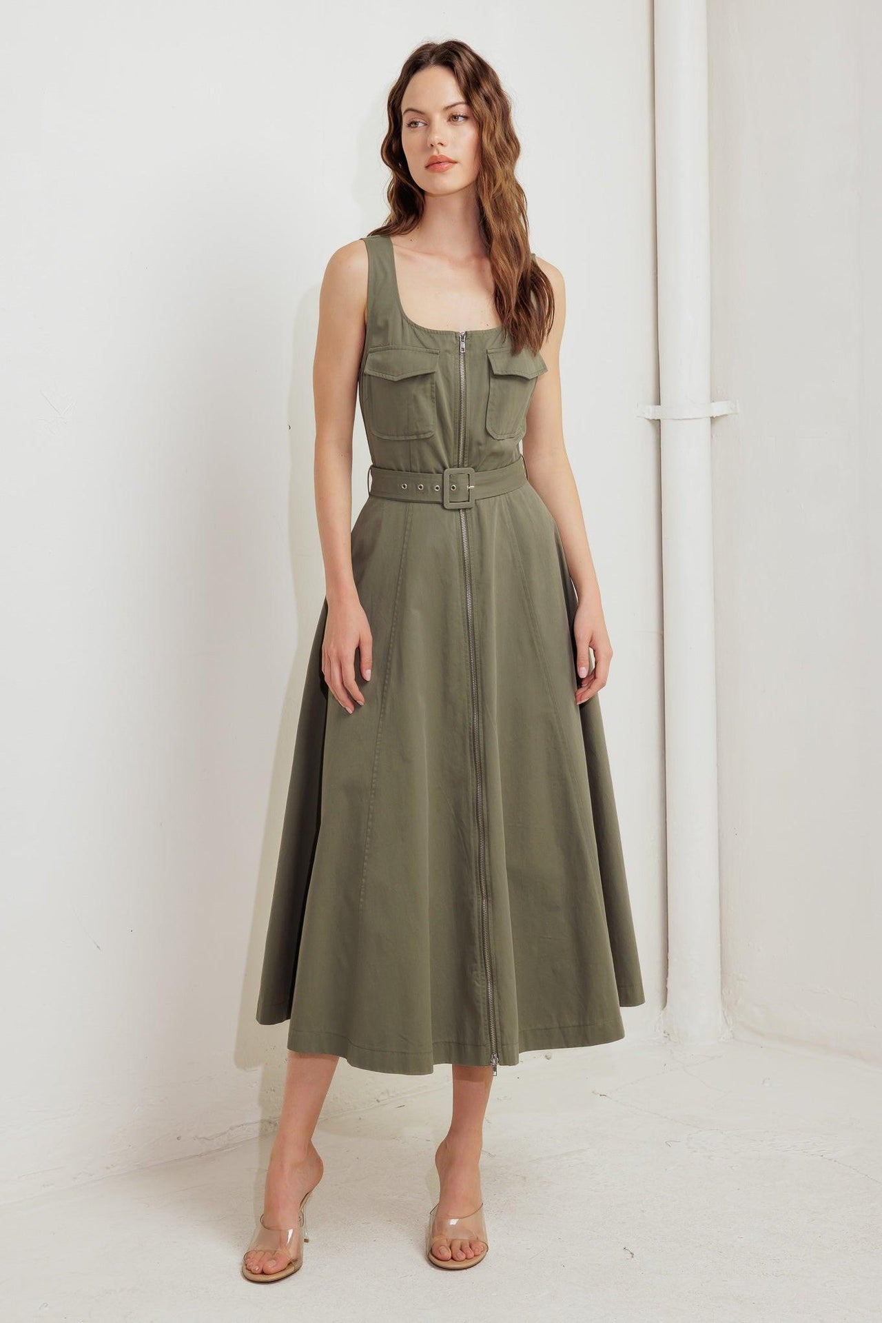 OLIVE GROVE WOVEN MIDI DRESS