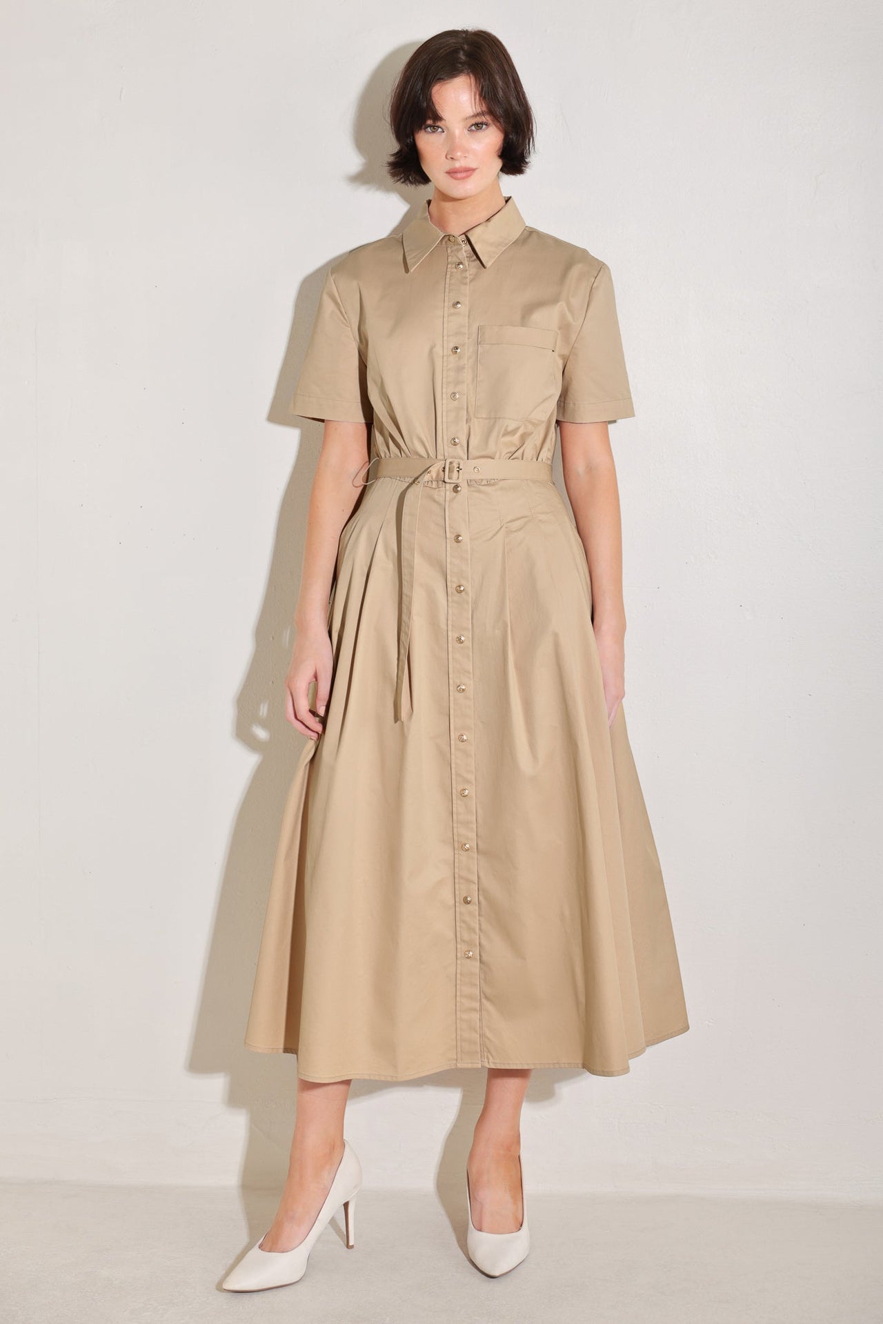CINCHED COUTURE WOVEN MIDI DRESS