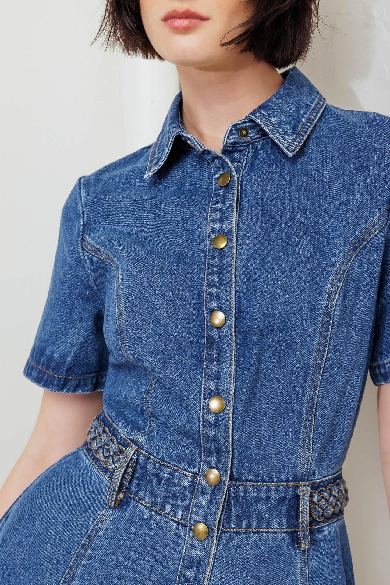 HIDDEN SMILE DENIM MIDI DRESS