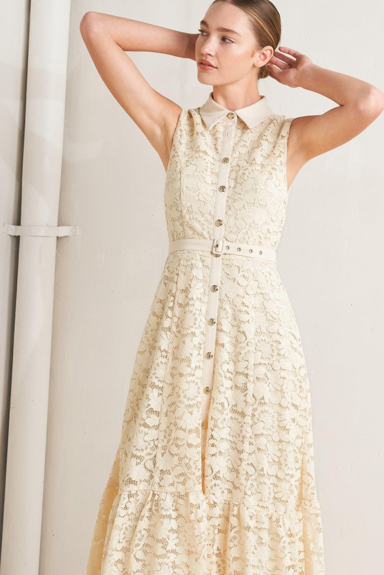 PURELY ROMANTIC WOVEN LACE MIDI DRESS