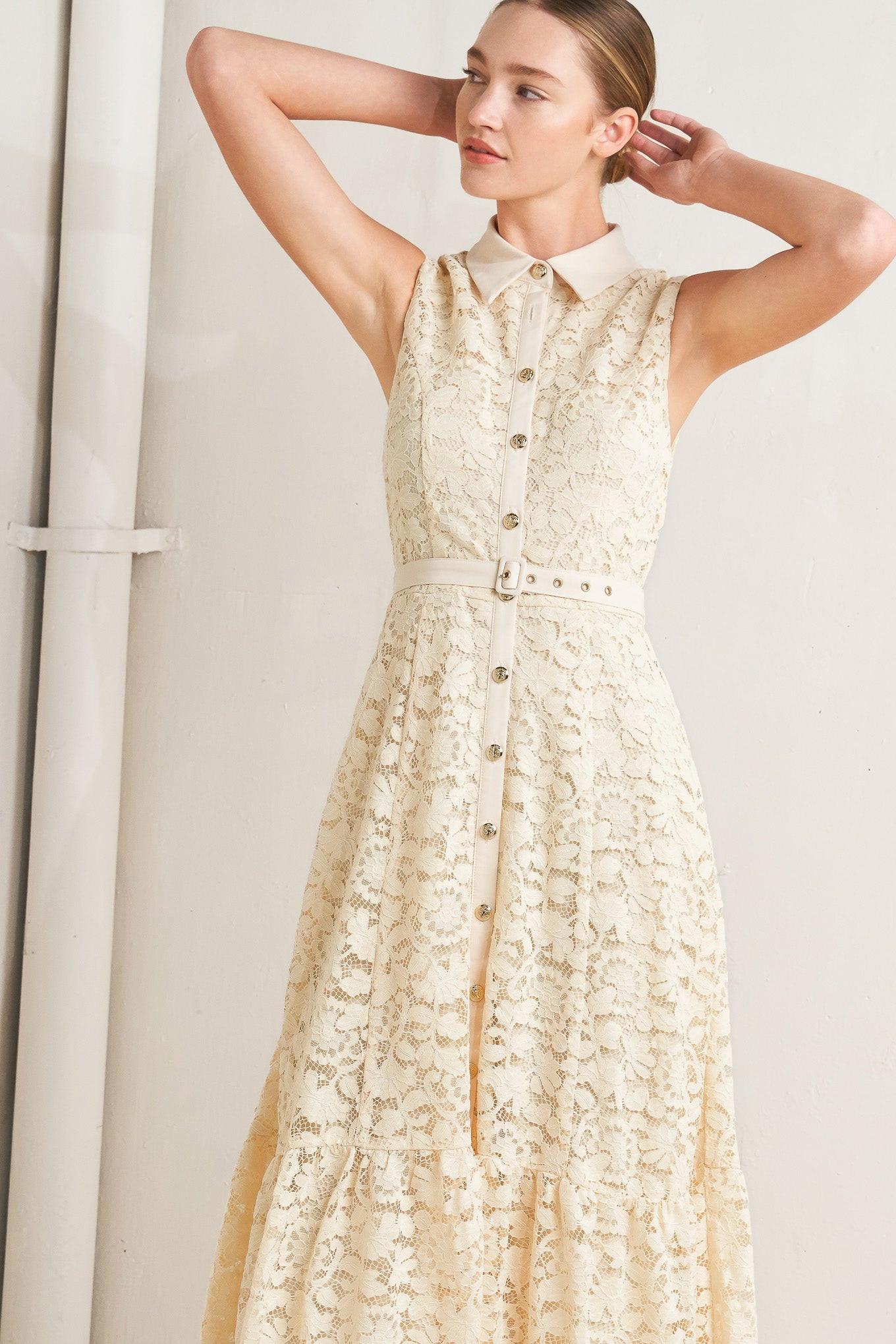 PURELY ROMANTIC WOVEN LACE MIDI DRESS