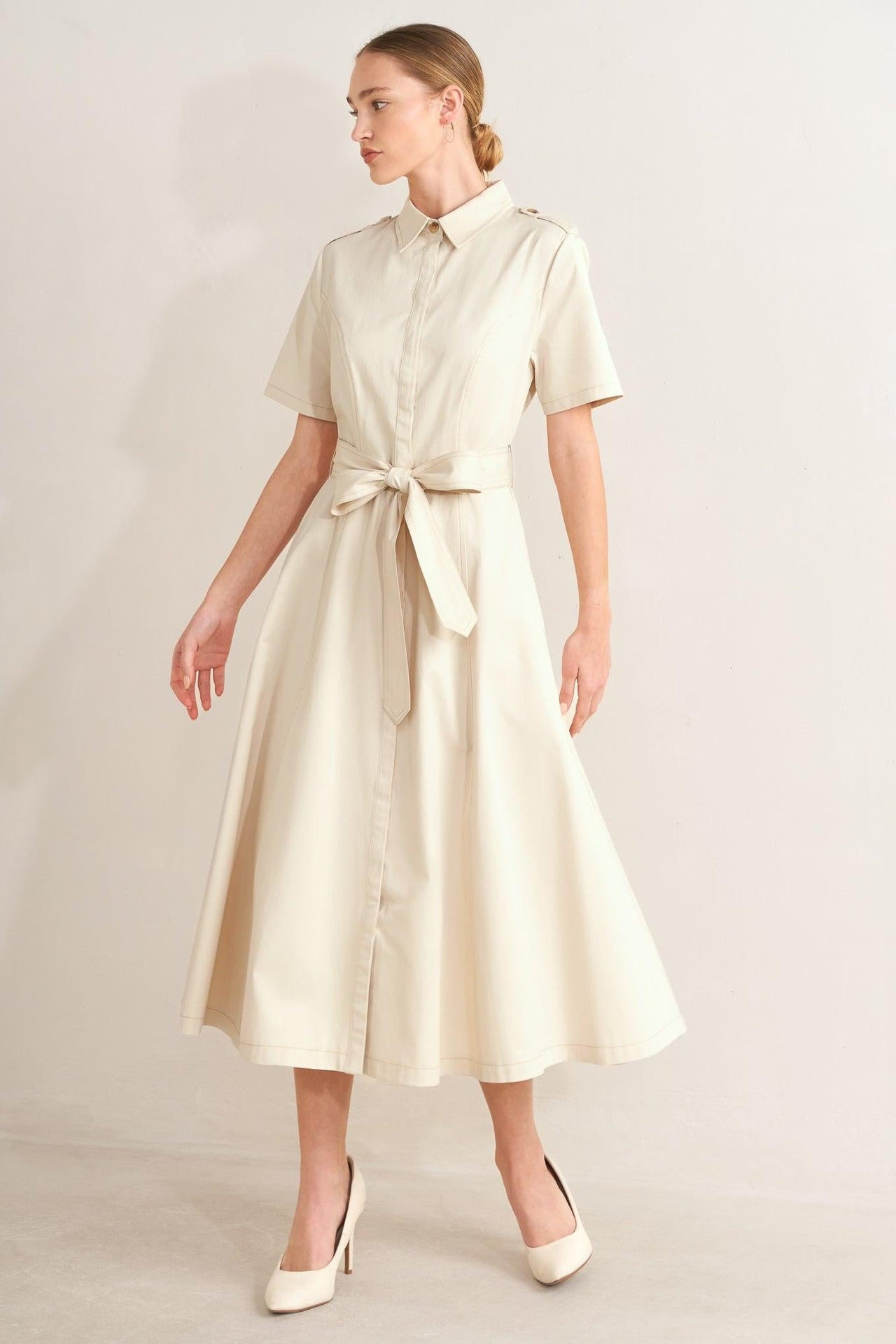 SANDSTONE GRACE WOVEN MIDI SHIRT DRESS