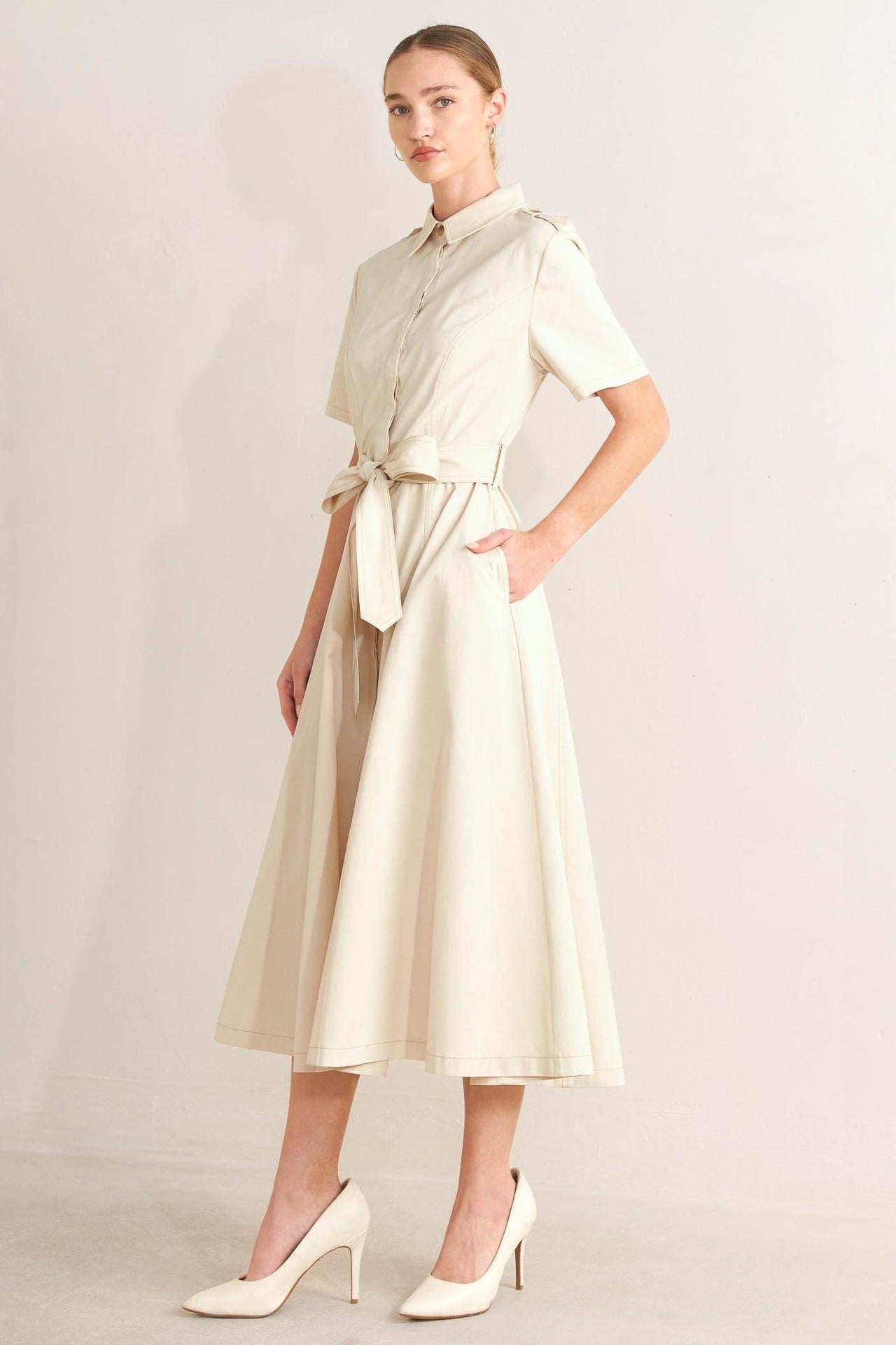 SANDSTONE GRACE WOVEN MIDI SHIRT DRESS