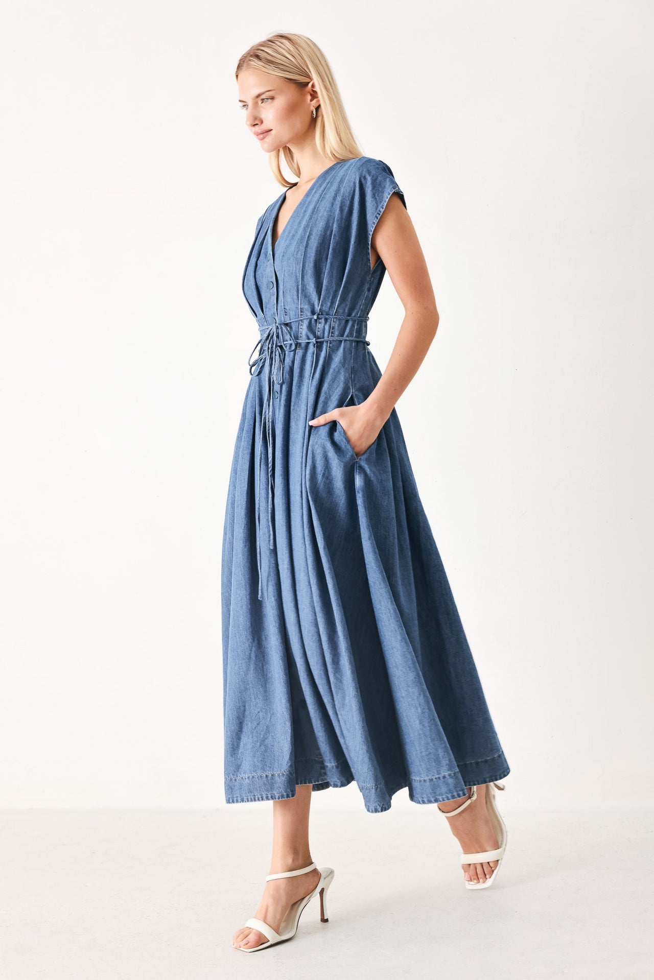 MIDNIGHT FLOW DENIM MIDI DRESS