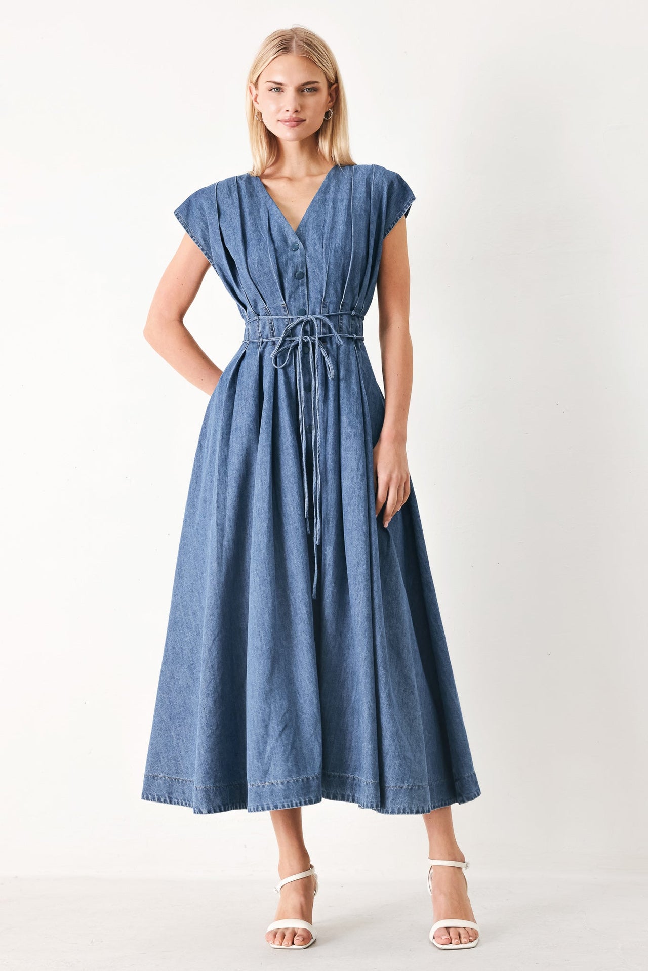MIDNIGHT FLOW DENIM MIDI DRESS