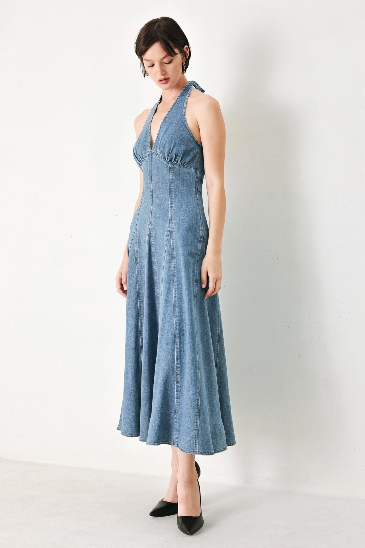 BLUE BLOSSOM DENIM MIDI DRESS