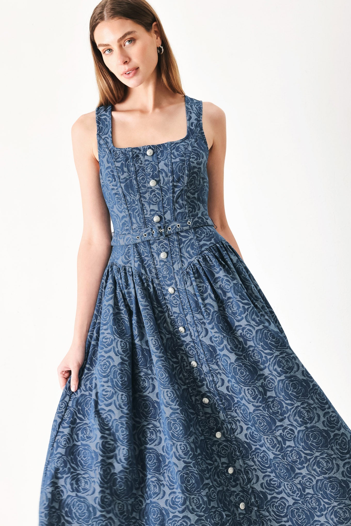 MIDNIGHT GARDEN DENIM MIDI DRESS