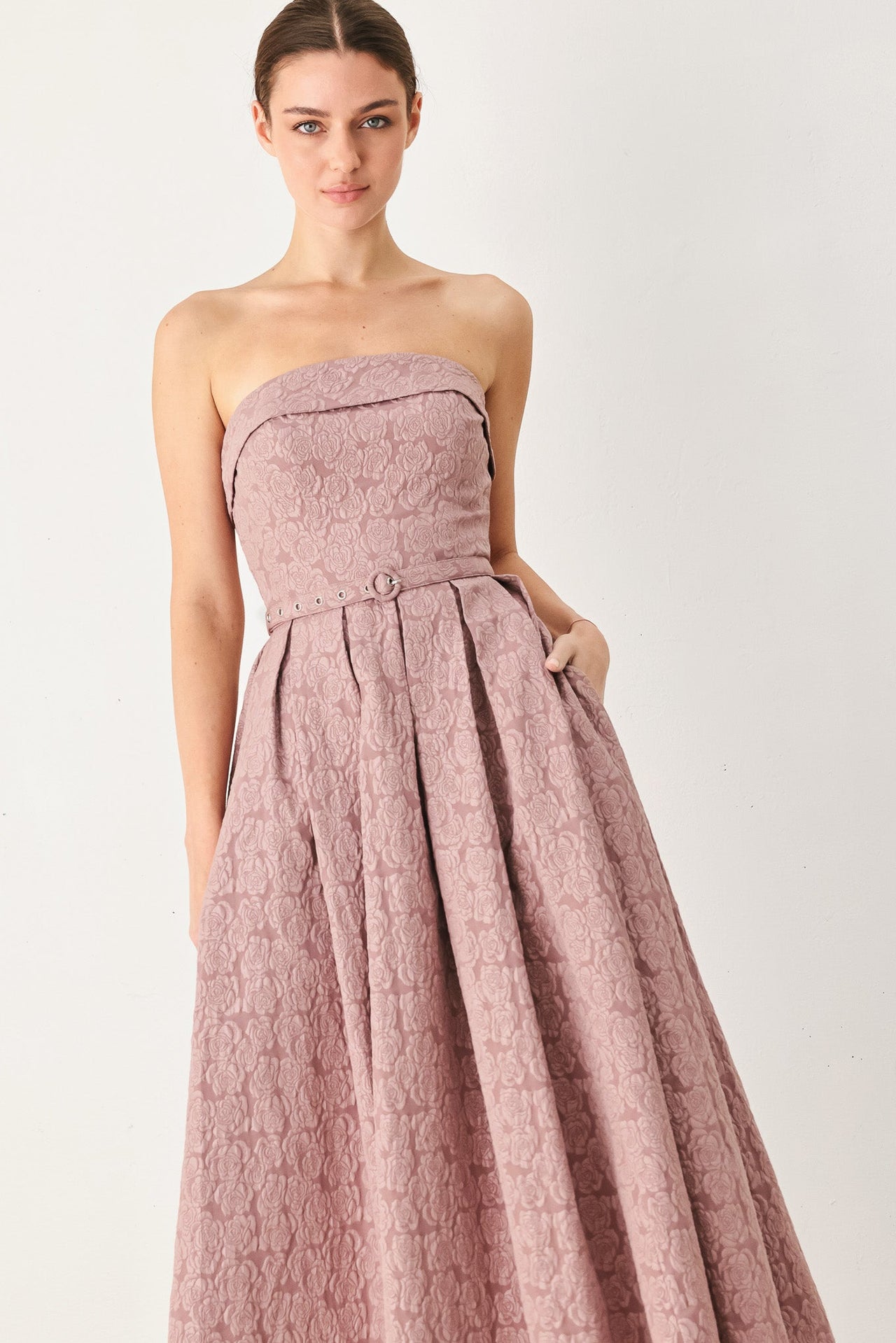 ROSETTE BANDEAU WOVEN MIDI DRESS