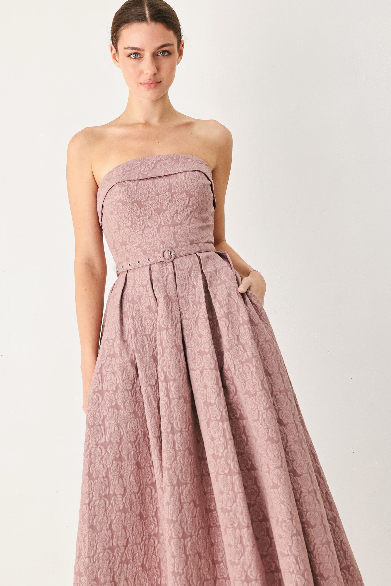 ROSETTE BANDEAU WOVEN MIDI DRESS
