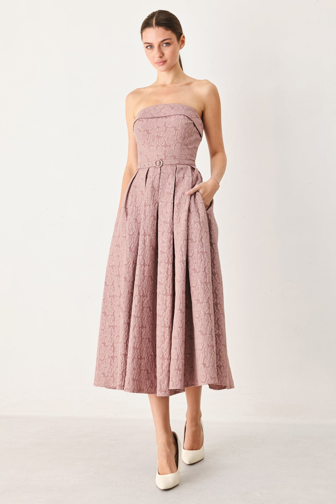 ROSETTE BANDEAU WOVEN MIDI DRESS