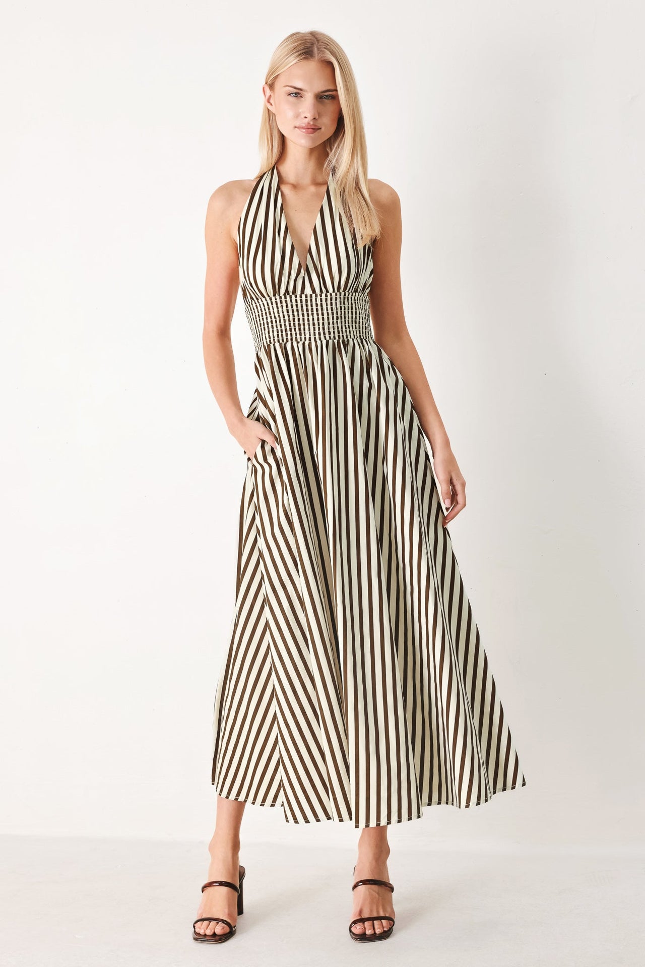 VACATION LINE STRIP WOVEN MIDI DRESS