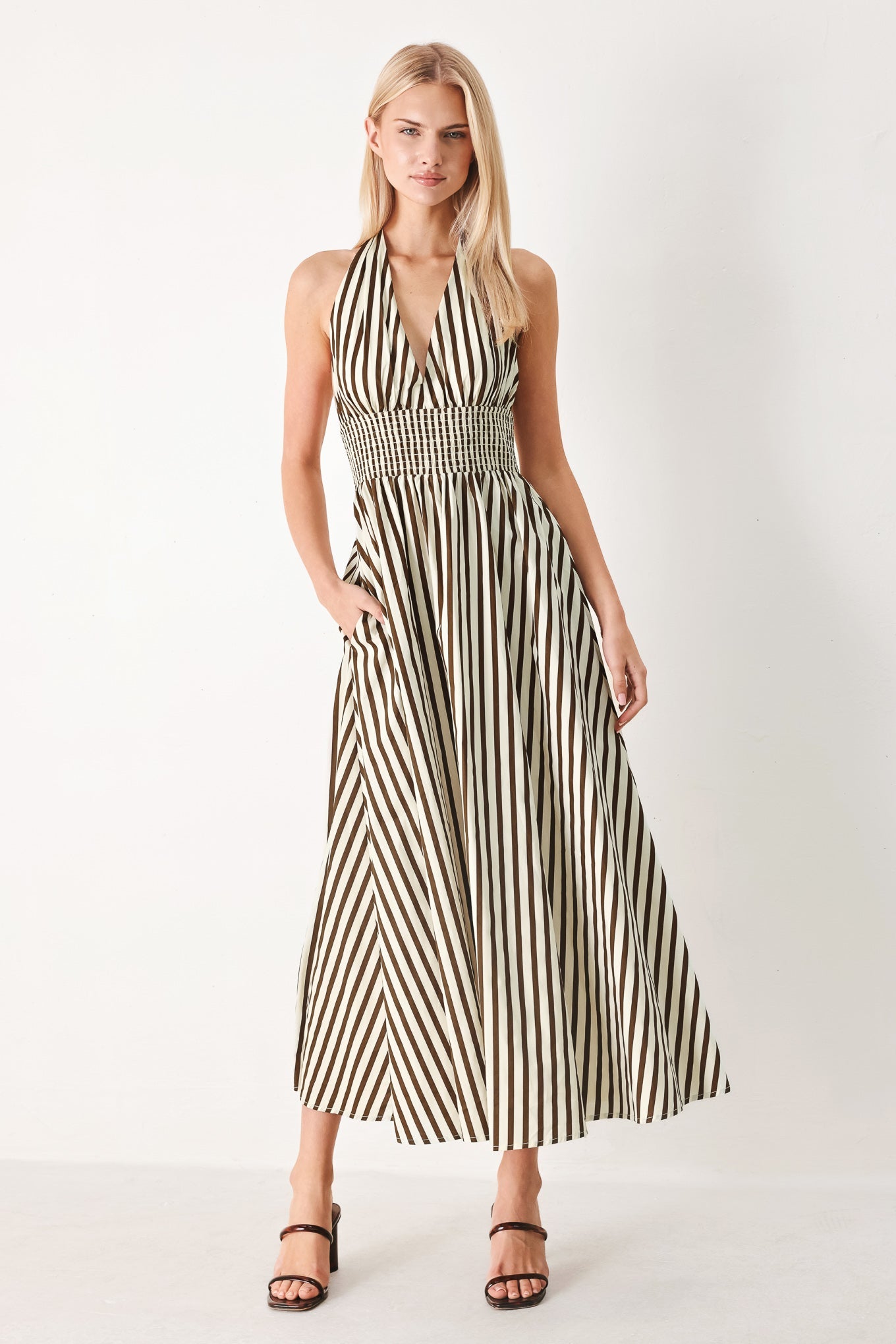 VACATION LINE STRIP WOVEN MIDI DRESS