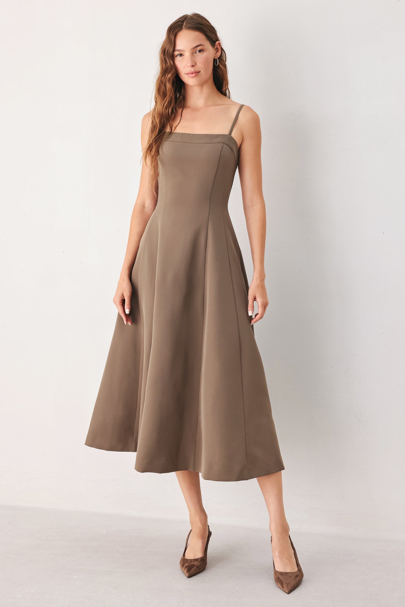 COFFEE BEAN SWING WOVEN MIDI DRESS