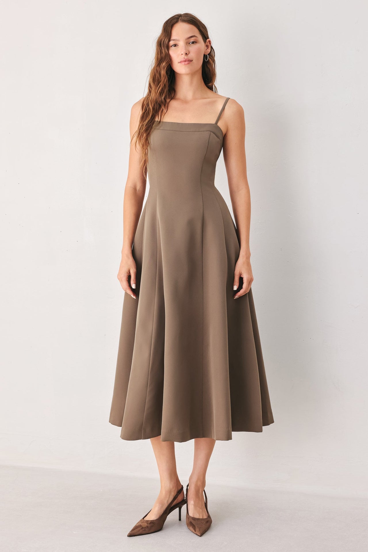 COFFEE BEAN SWING WOVEN MIDI DRESS