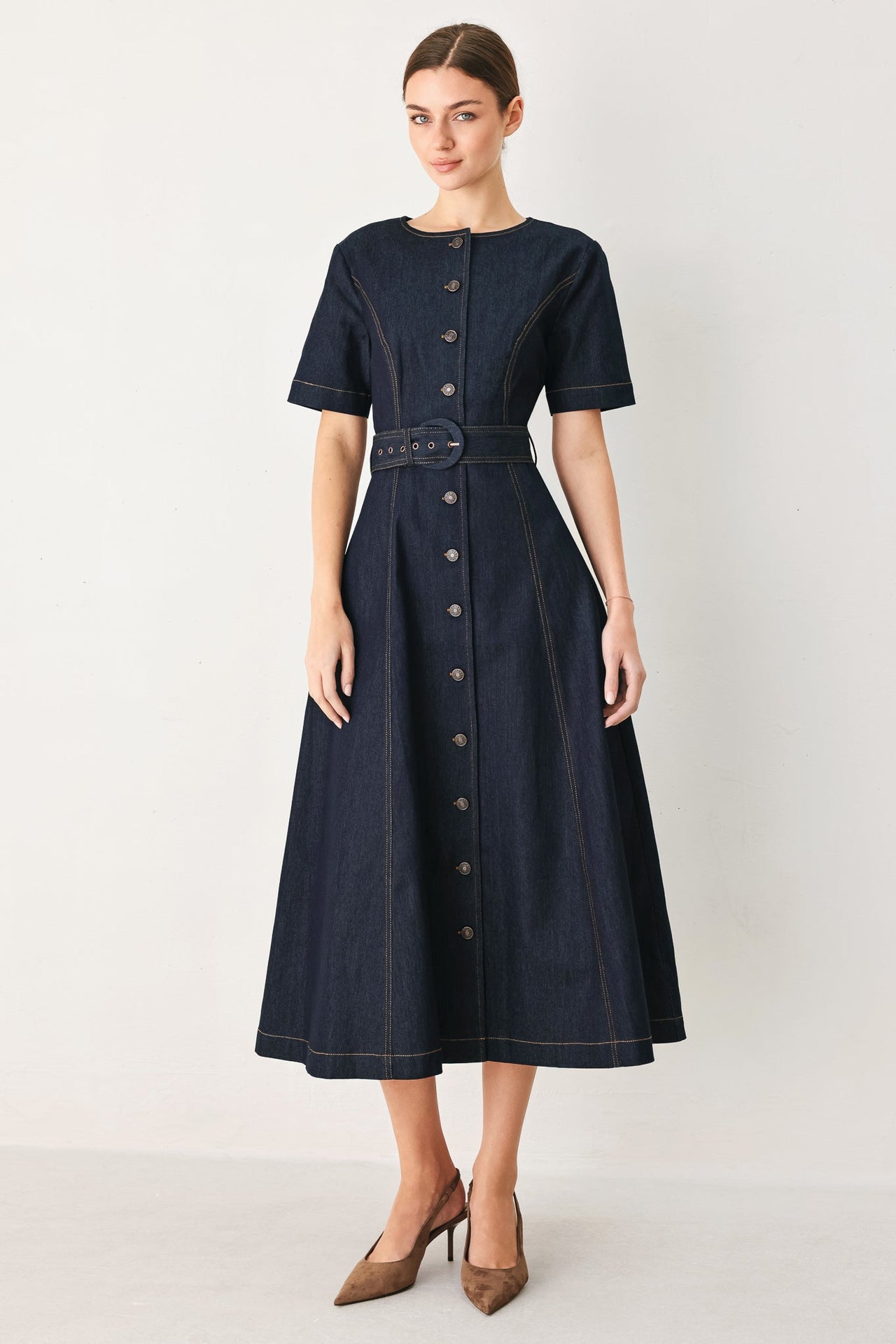 ROMANTIC DENIM WOVEN MIDI DRESS