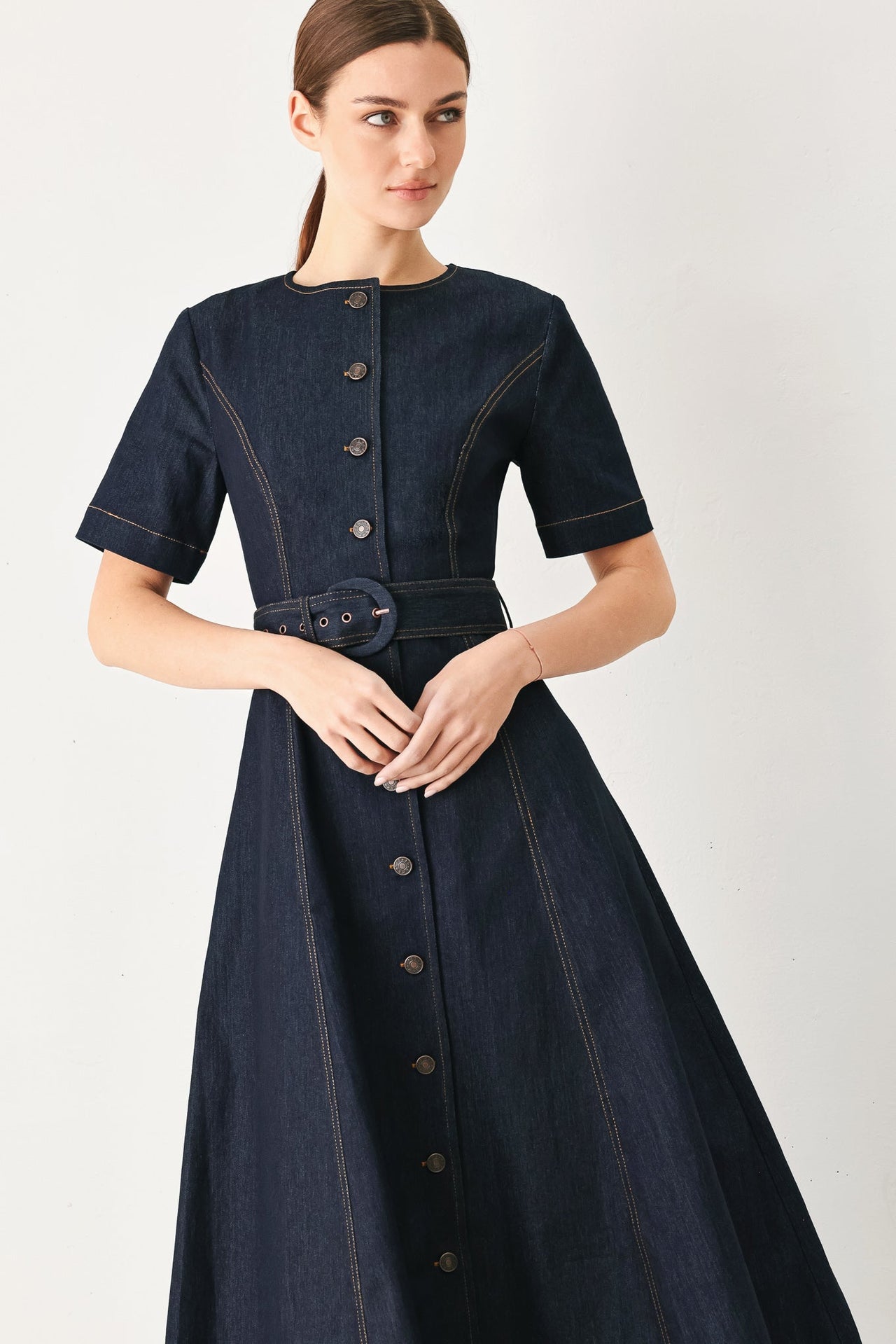 ROMANTIC DENIM WOVEN MIDI DRESS