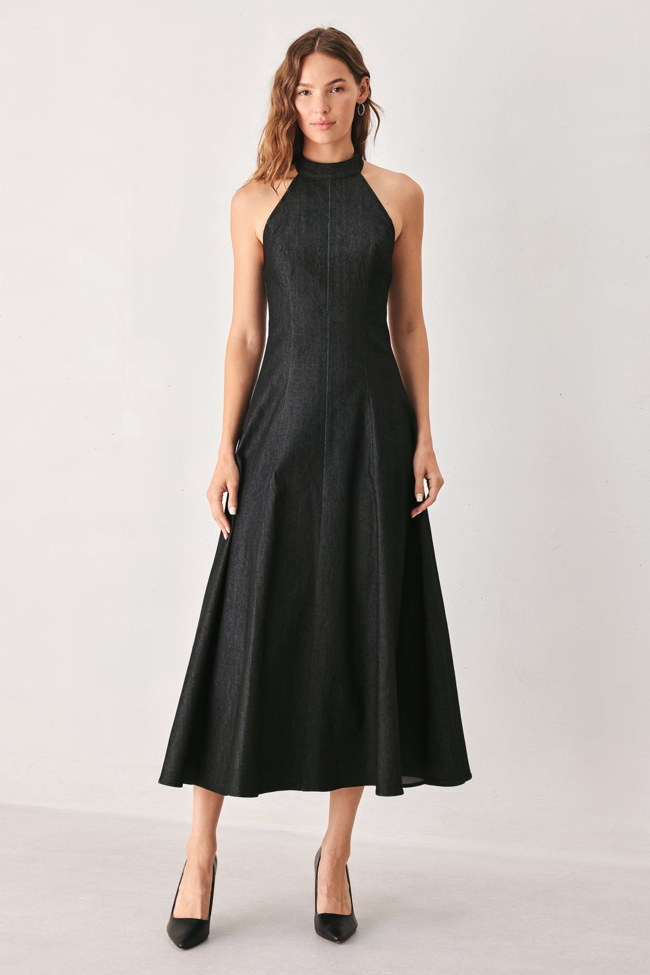 AFTER DARK HALTER DENIM MIDI DRESS