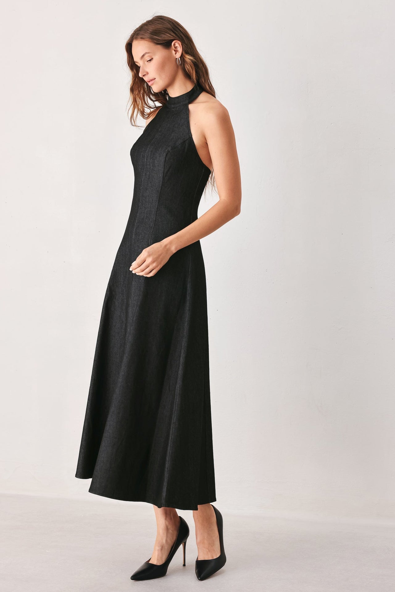 AFTER DARK HALTER DENIM MIDI DRESS