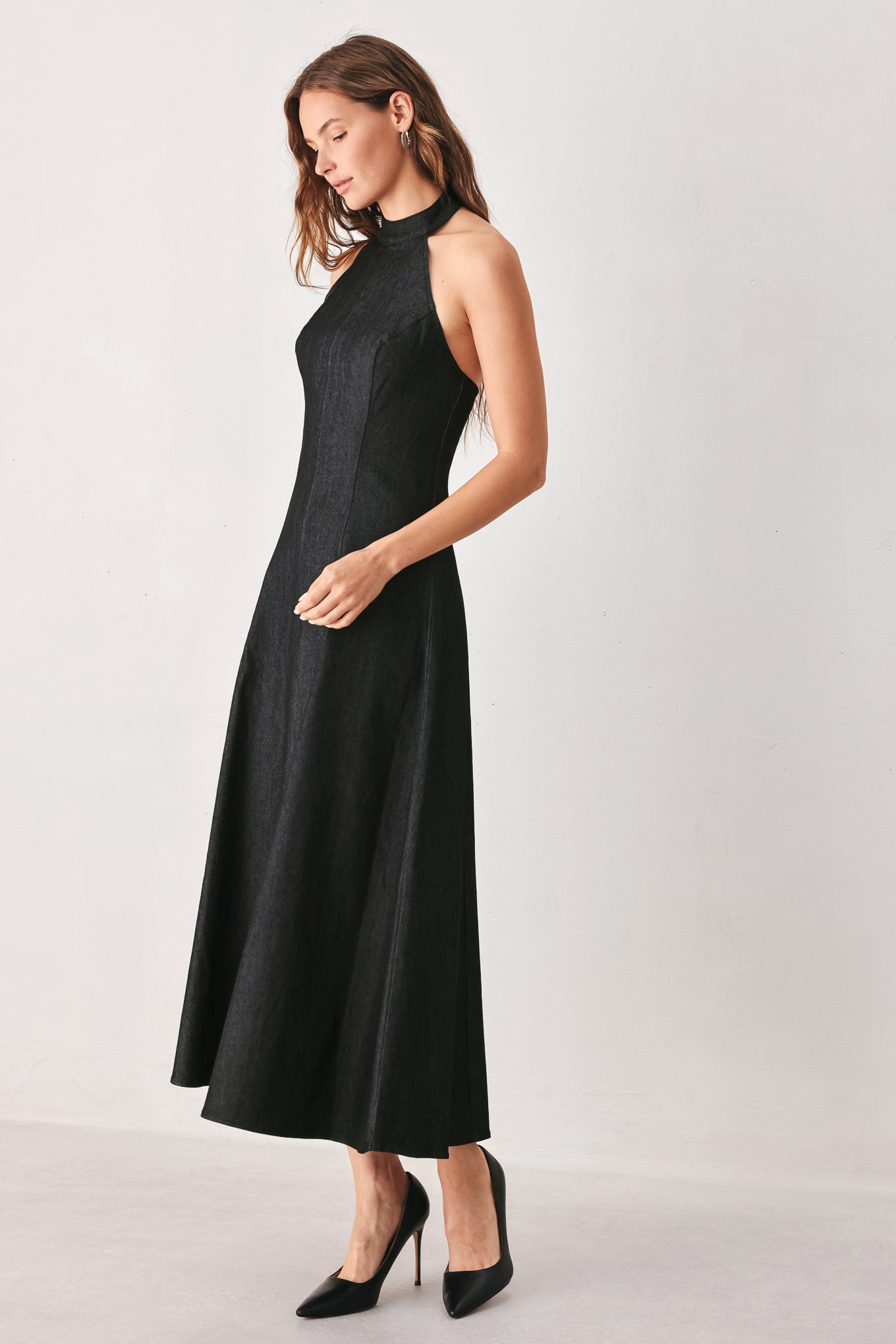 AFTER DARK HALTER DENIM MIDI DRESS
