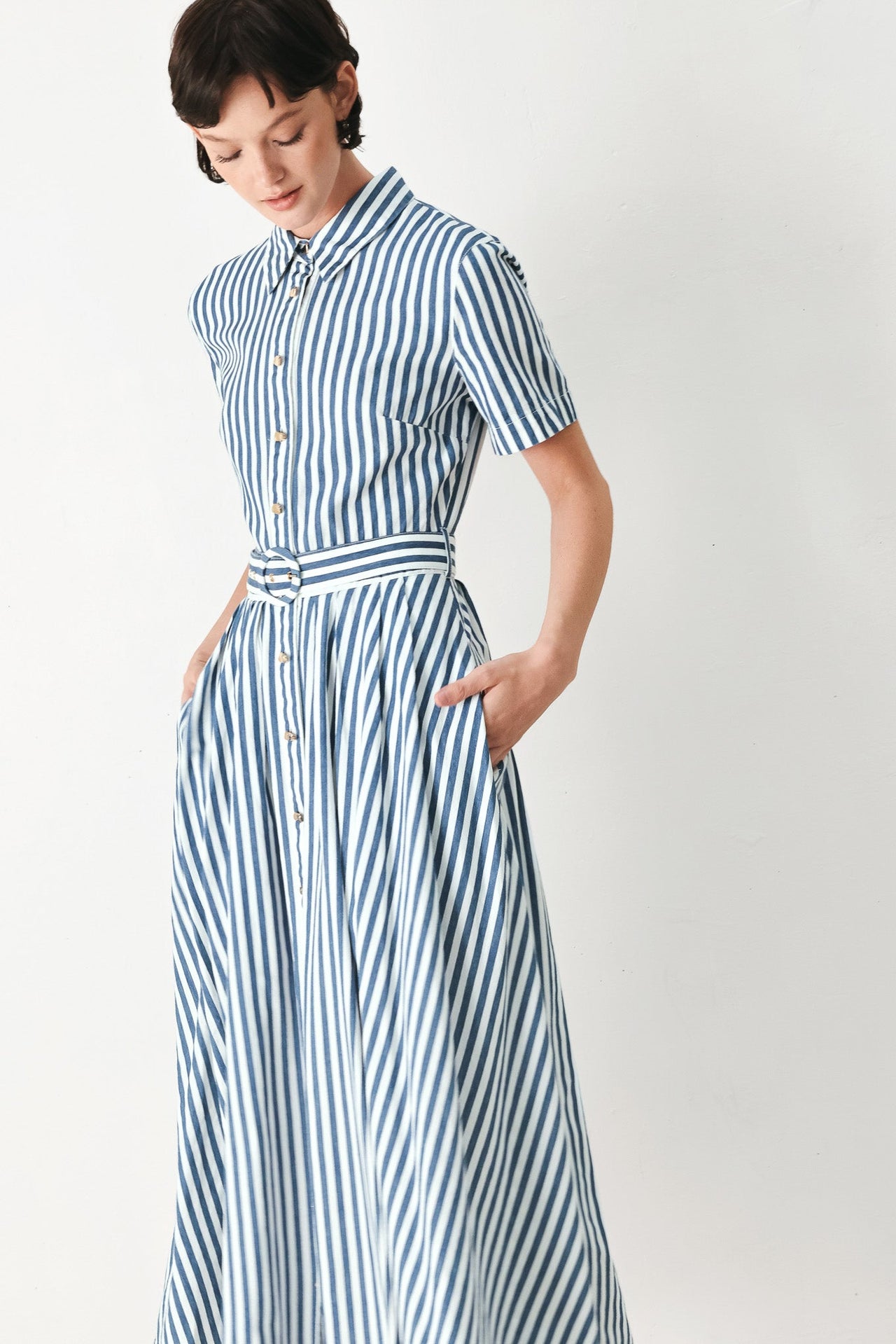 COASTAL MUSE STRIP WOVEN MIDI SHIRT DRESS