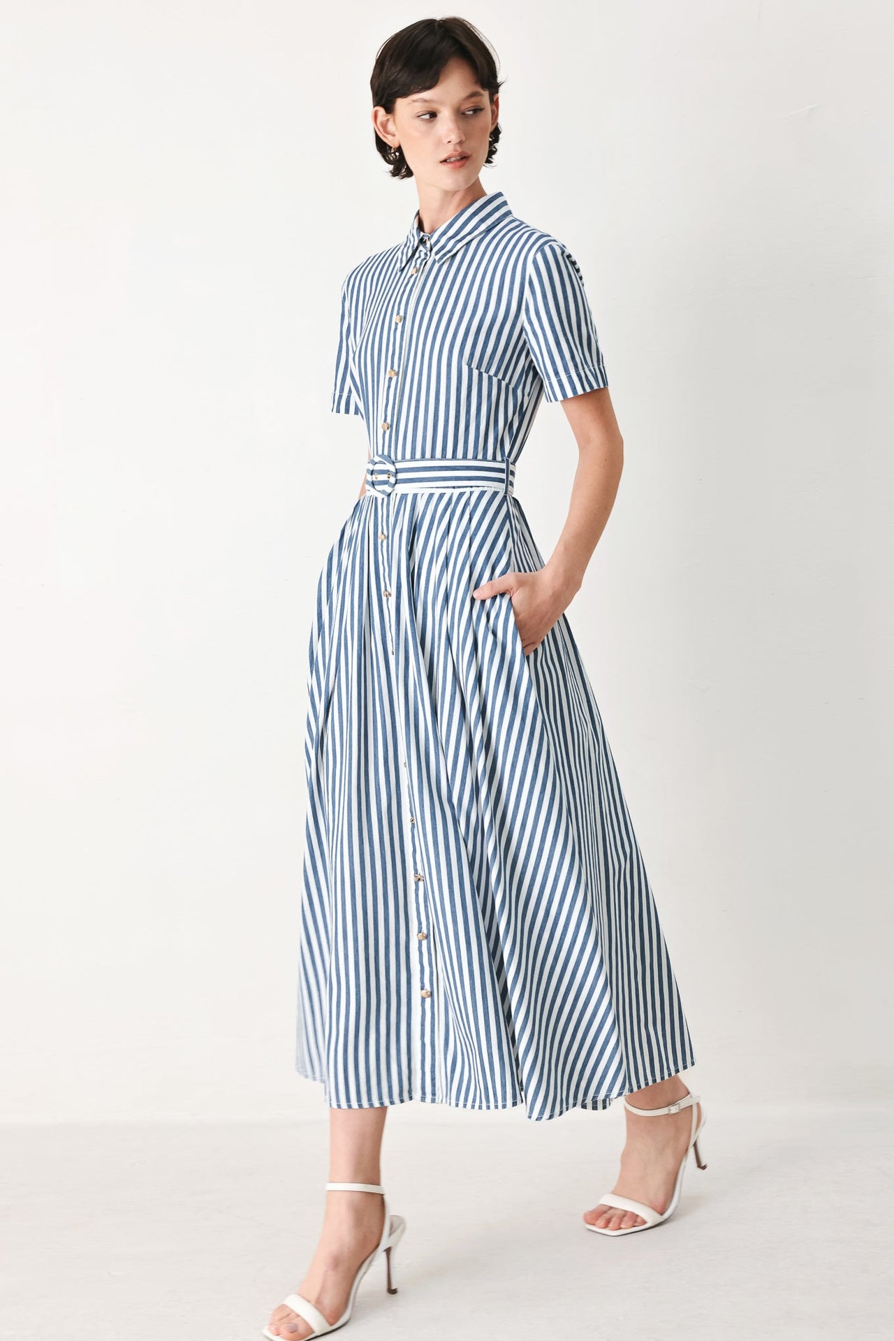 COASTAL MUSE STRIP WOVEN MIDI SHIRT DRESS