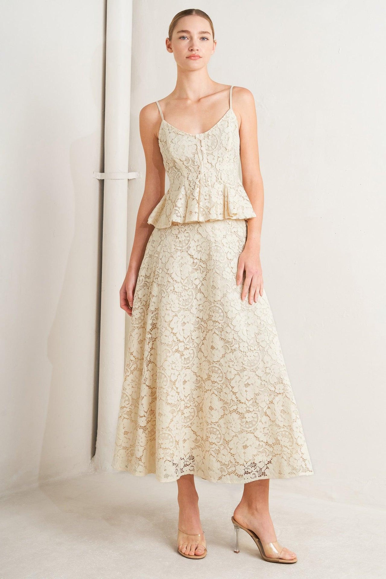 PURELY ROMANTIC WOVEN LACE MIDI SKIRT