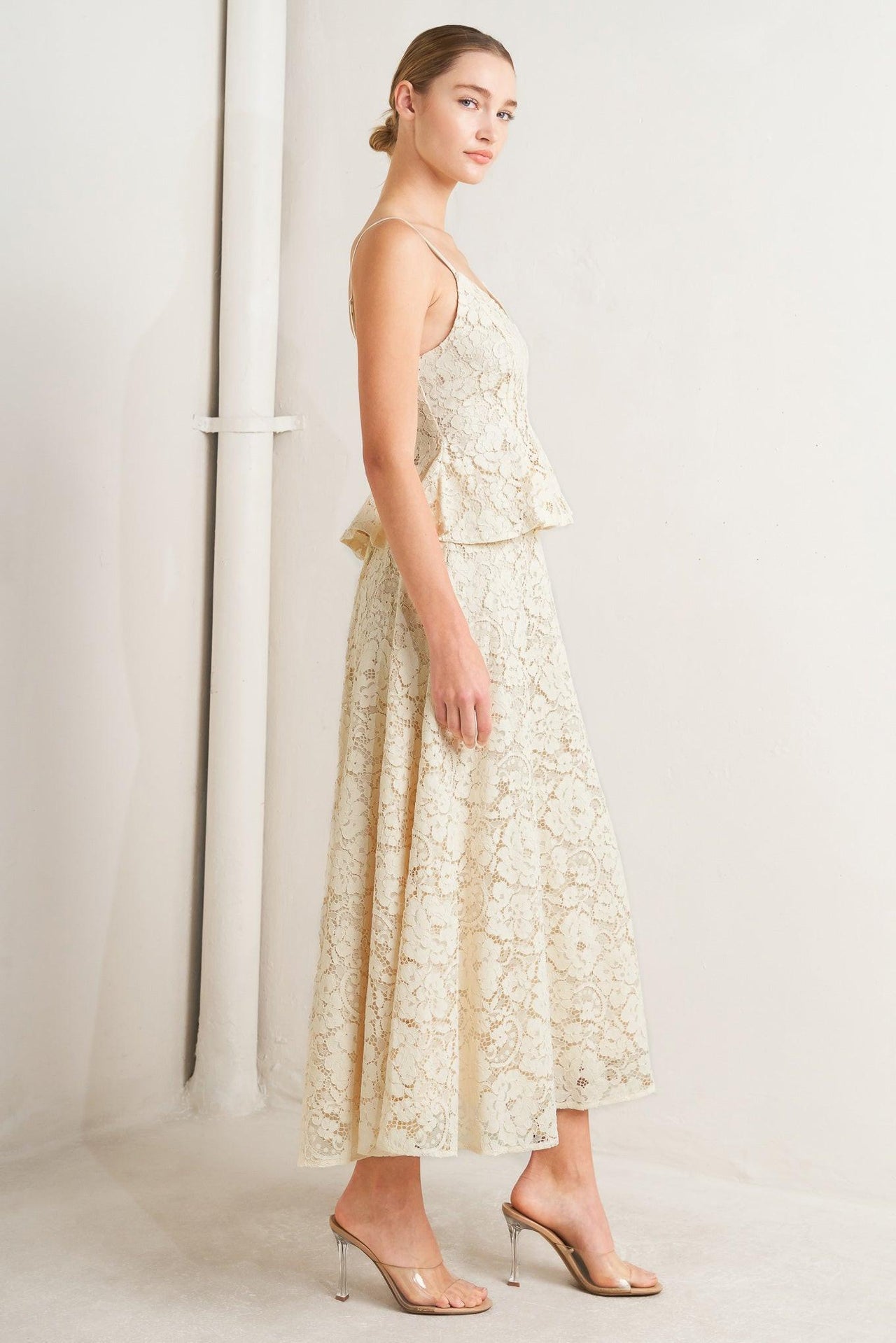PURELY ROMANTIC WOVEN LACE MIDI SKIRT