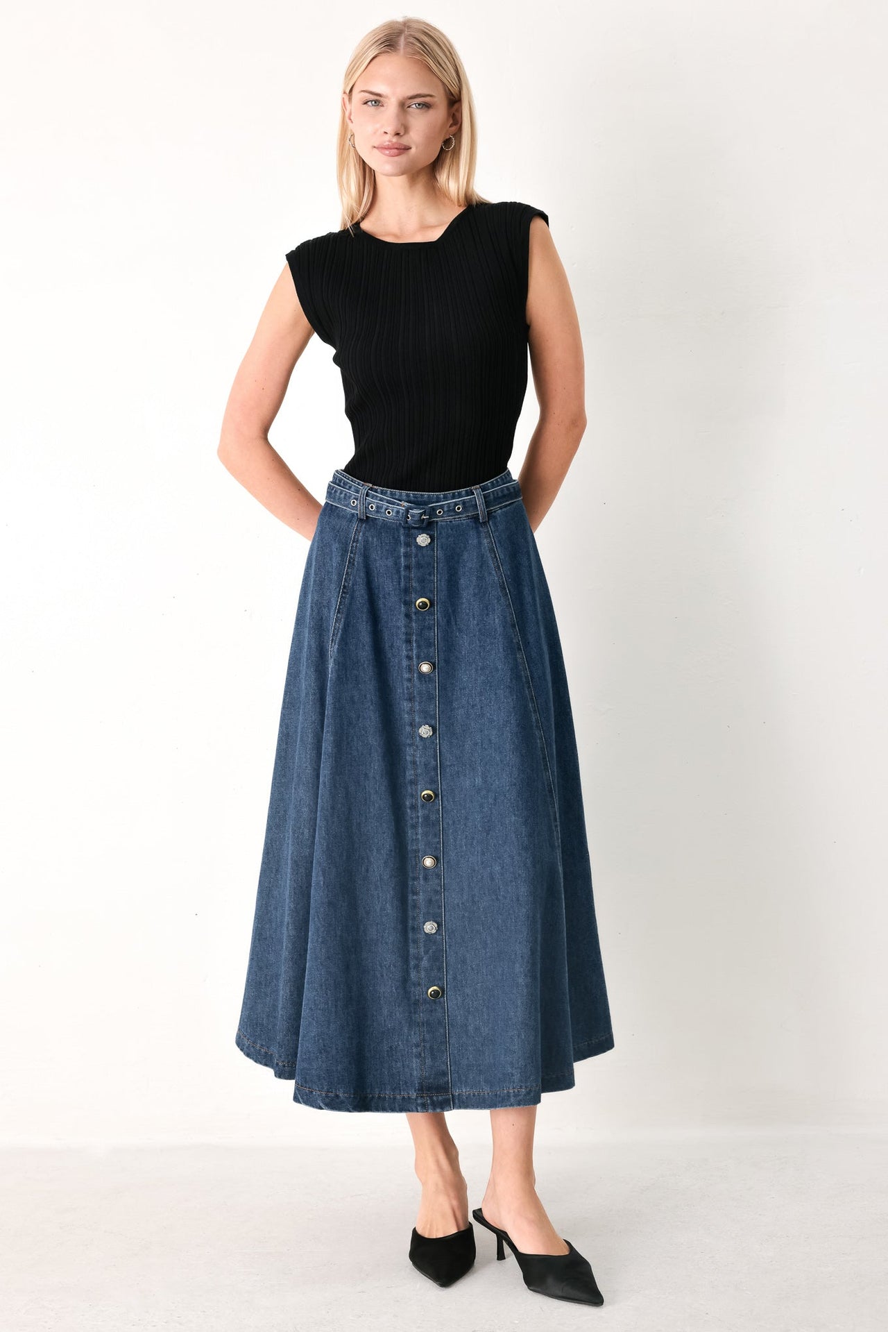 SWEET TALKER DENIM CIRCLE MIDI SKIRT
