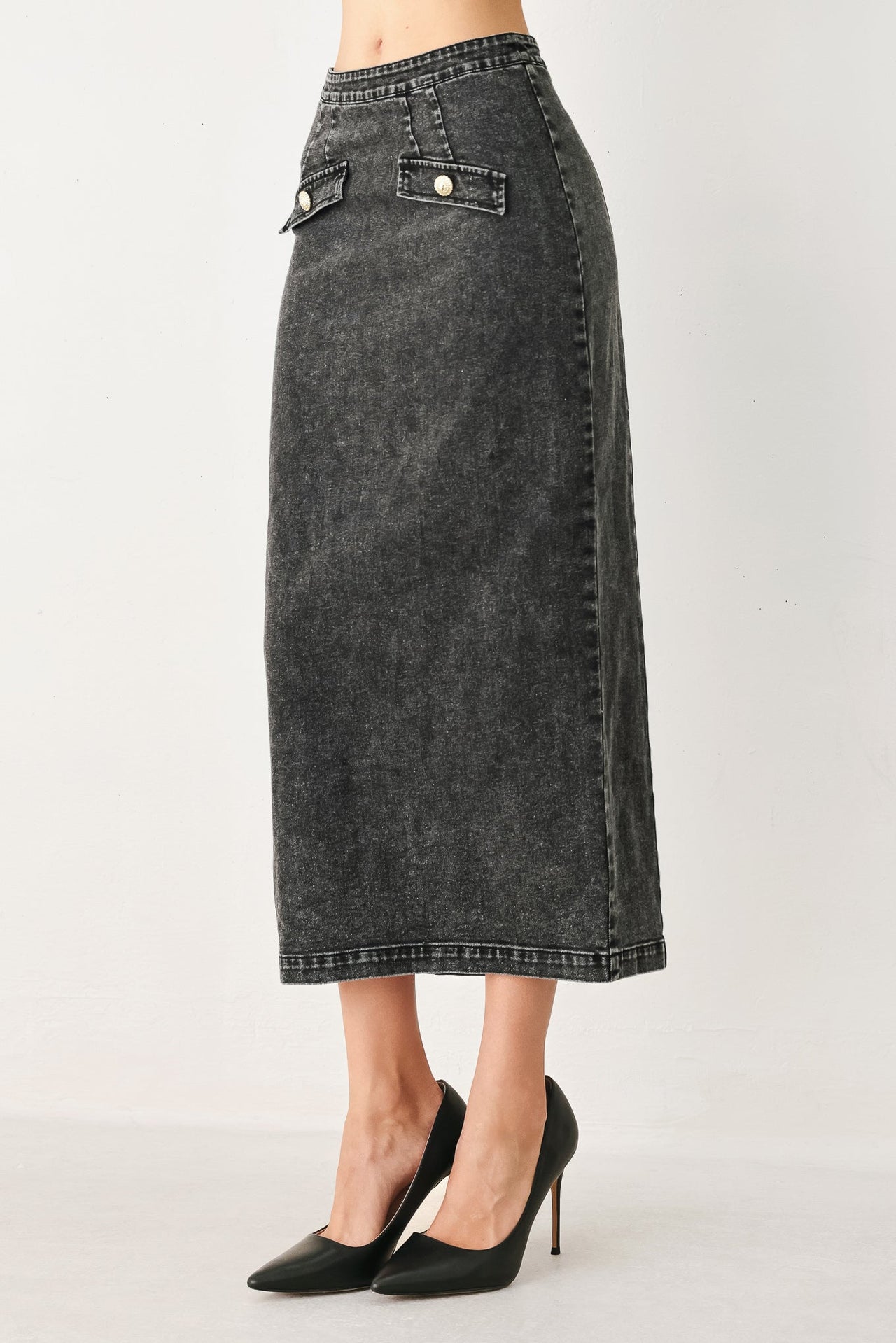 STONEWASHED DENIM MIDI PENCIL SKIRT