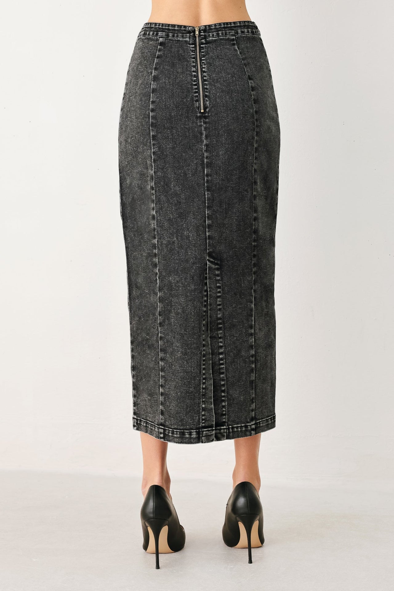STONEWASHED DENIM MIDI PENCIL SKIRT