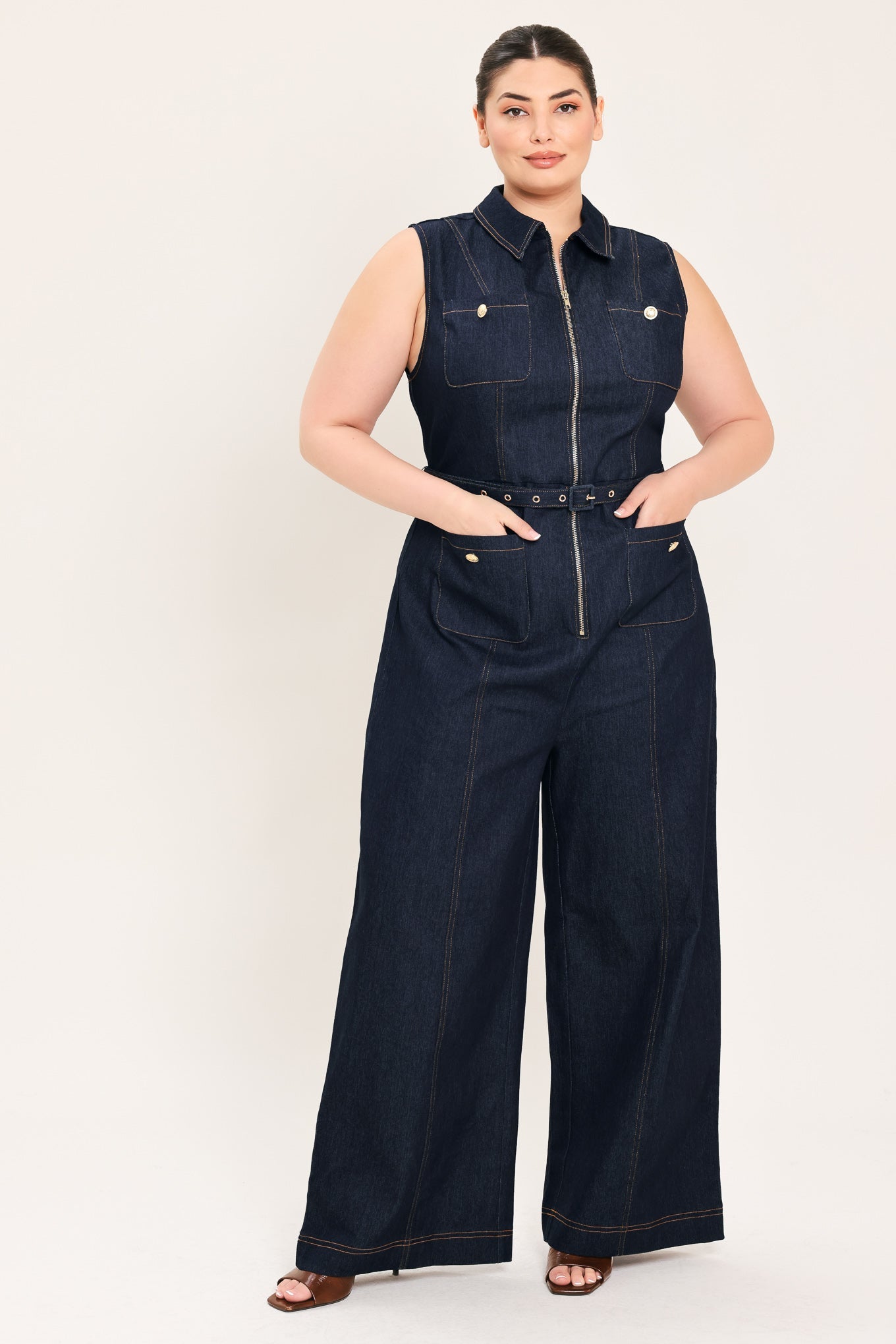 SLEEVELESS WORKWEAR DENIM JUMPSUIT