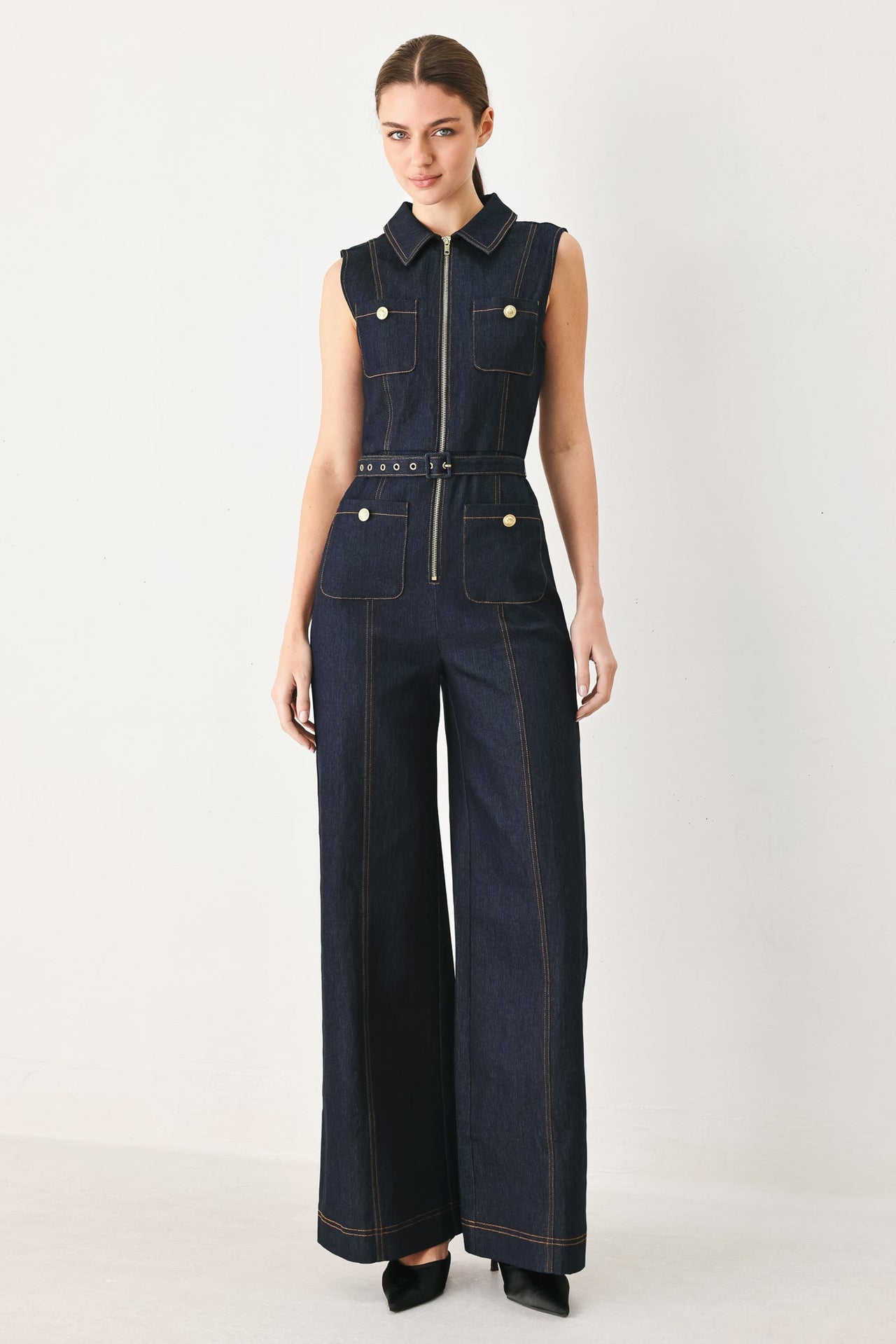 SLEEVELESS WORKWEAR DENIM JUMPSUIT