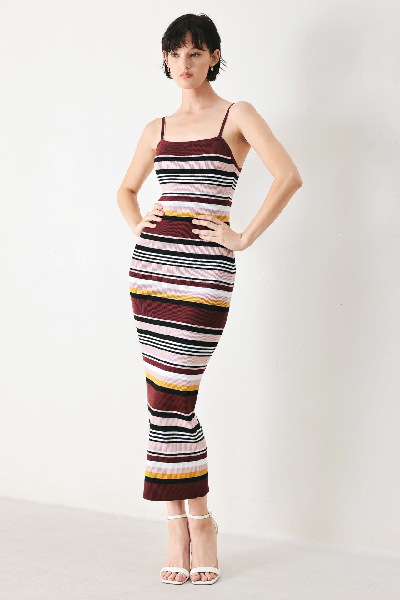 MIDNIGHT STRIPE SWEATER KNIT MIDI DRESS