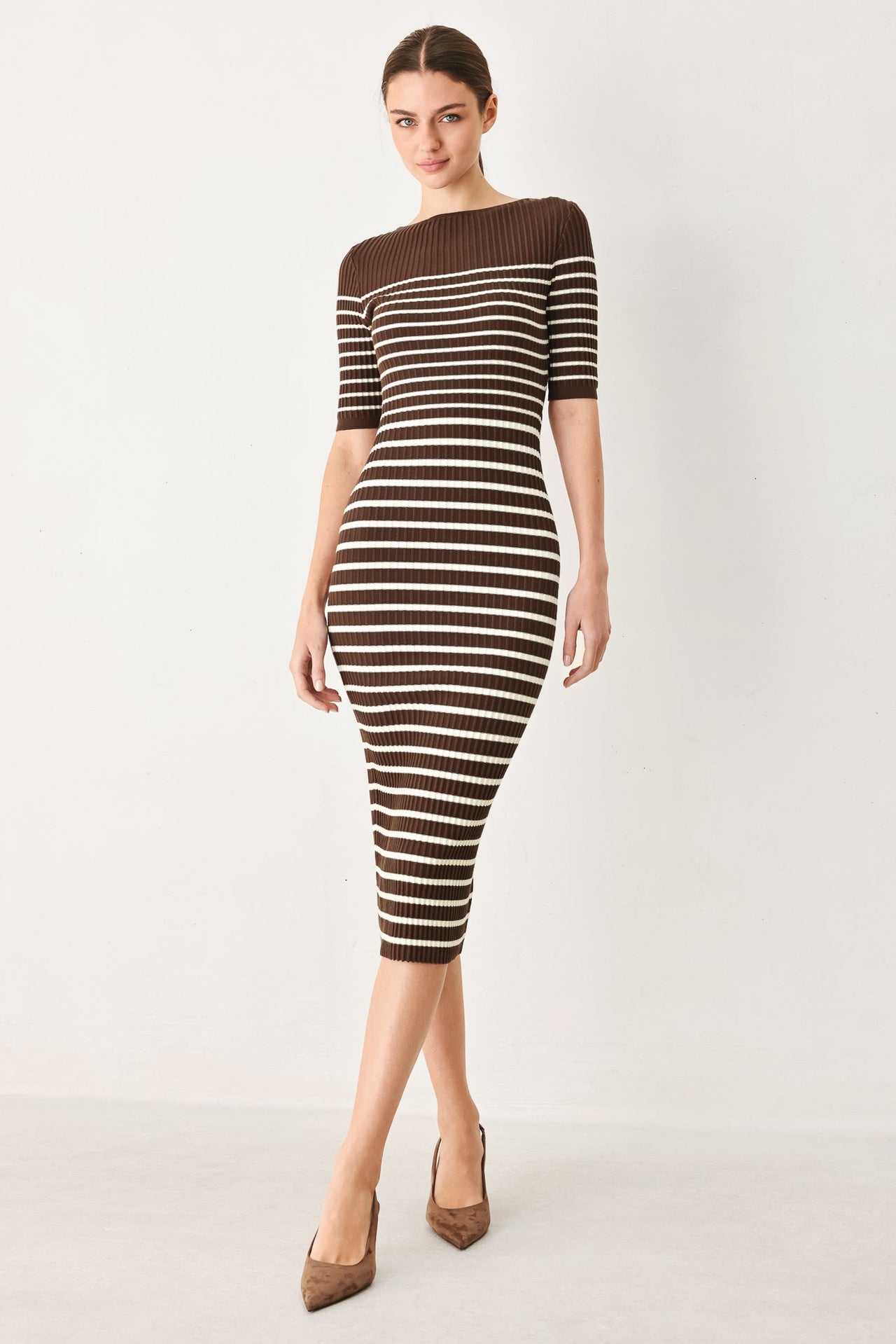 TRENDY CHOCOLATE STRIPE SWEATER MIDI DRESS
