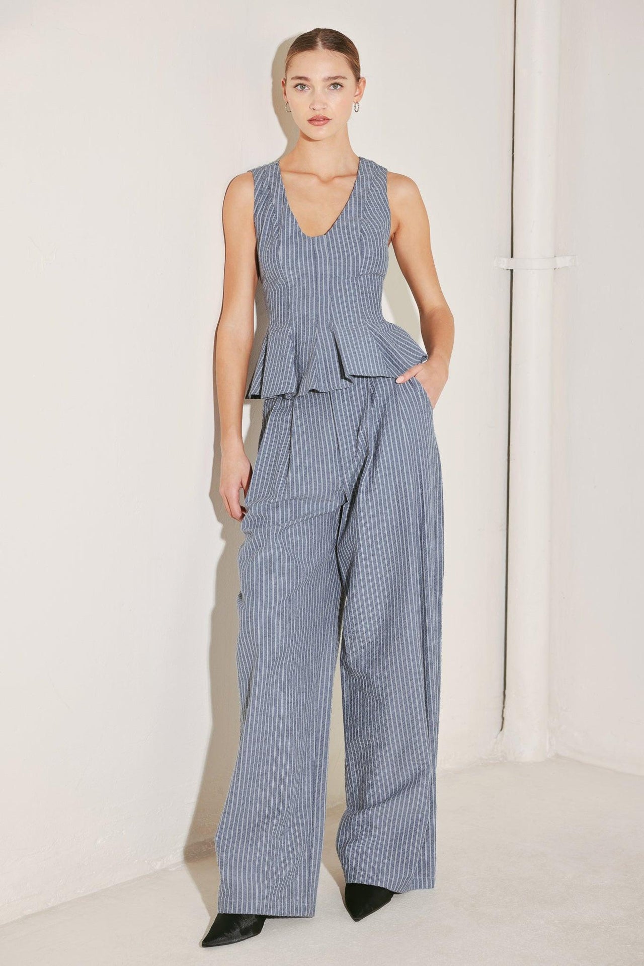 MARINA PINSTRIPE WOVEN TOP