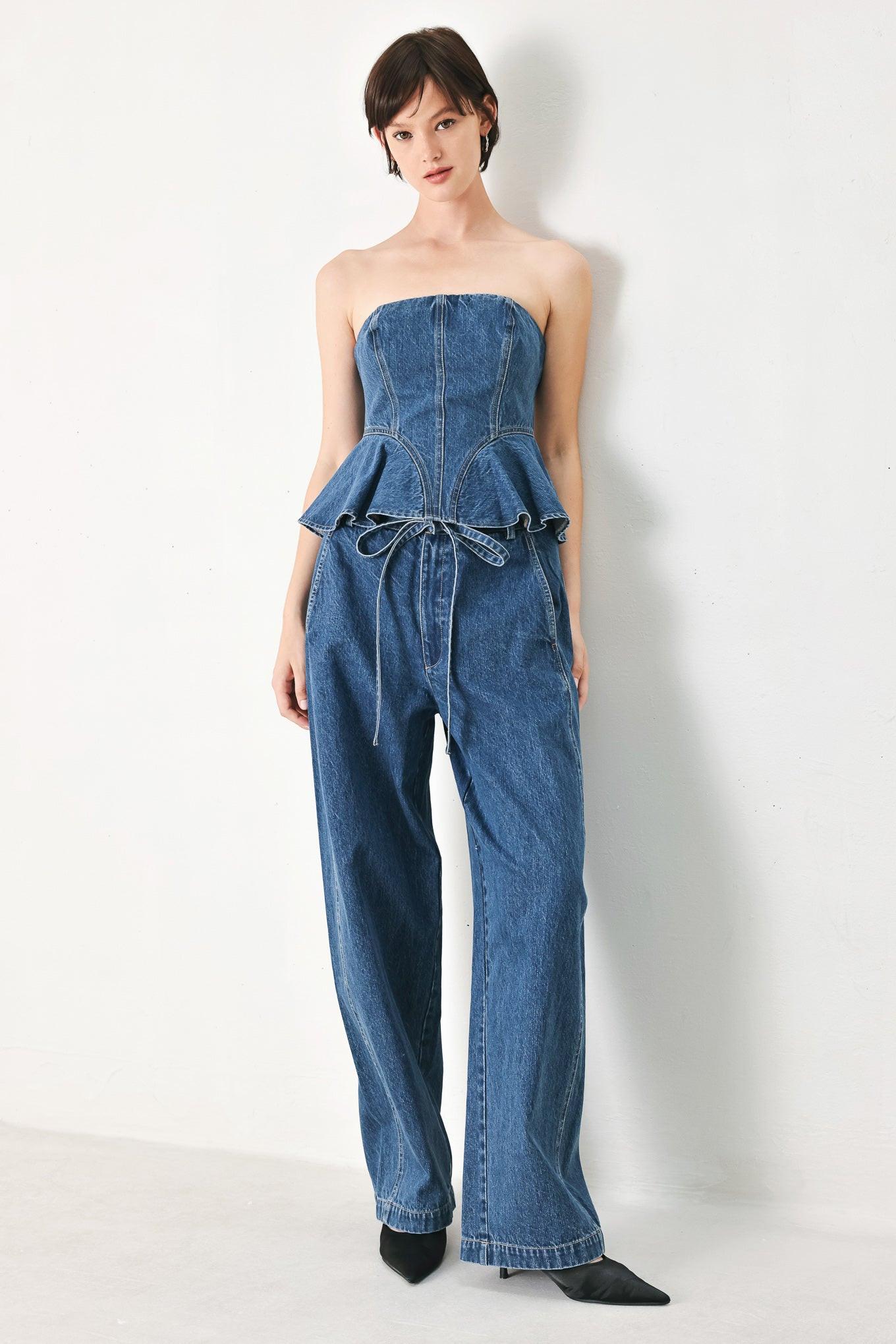 BLUE BLOSSOM BUSTIER DENIM TOP