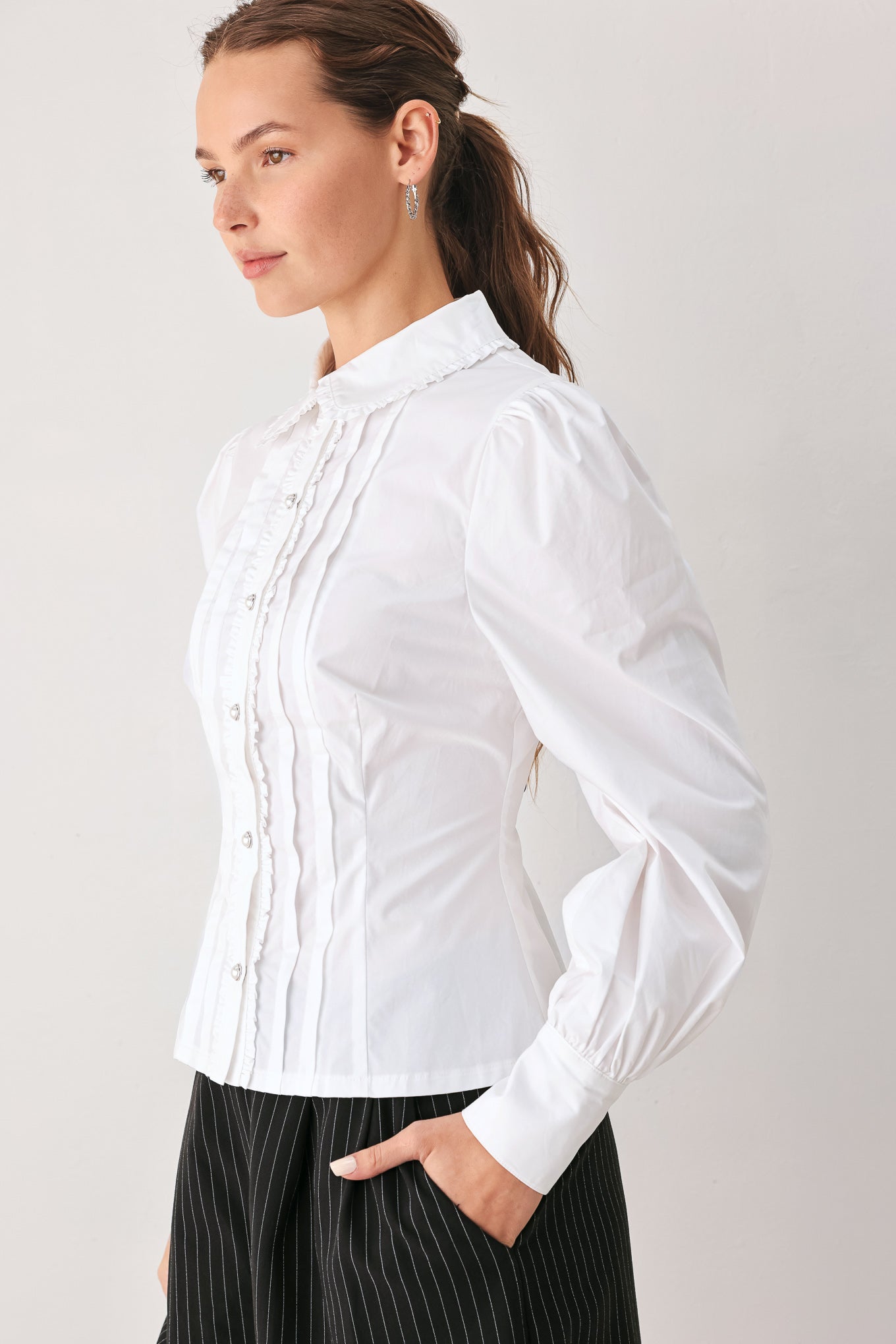 REGENCY PINTUCK LONG-SLEEVE WOVEN TOP