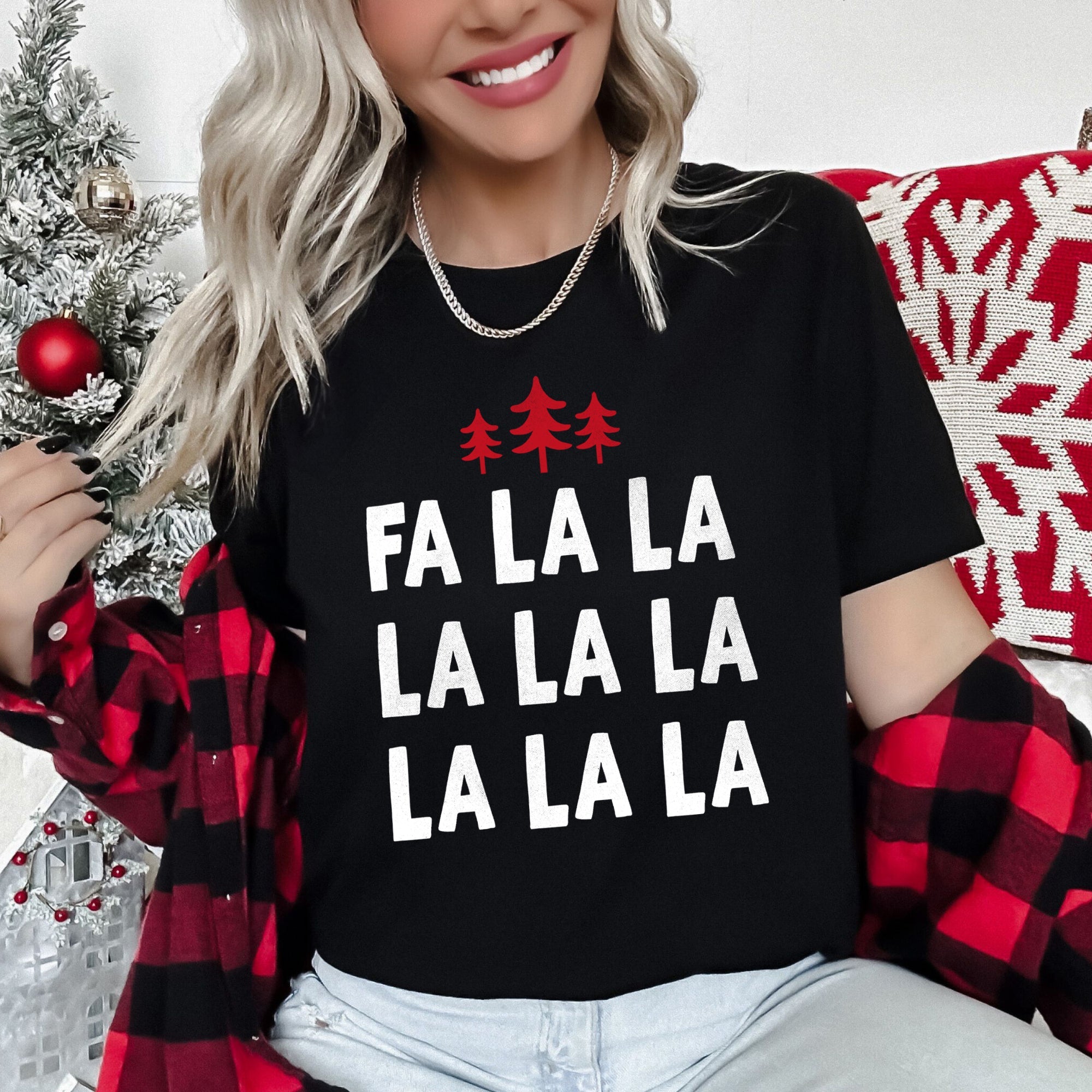Fa La La Retro Christmas Trees Vintage Holiday Scene With Nordic Pines And Snowflake Motifs Graphic Tee