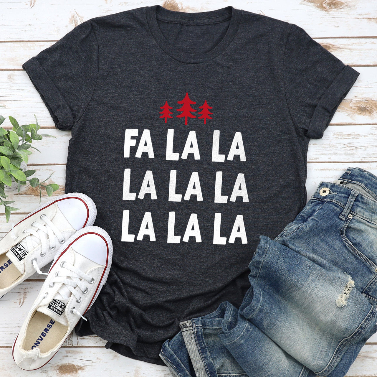 Fa La La Retro Christmas Trees Vintage Holiday Scene With Nordic Pines And Snowflake Motifs Graphic Tee