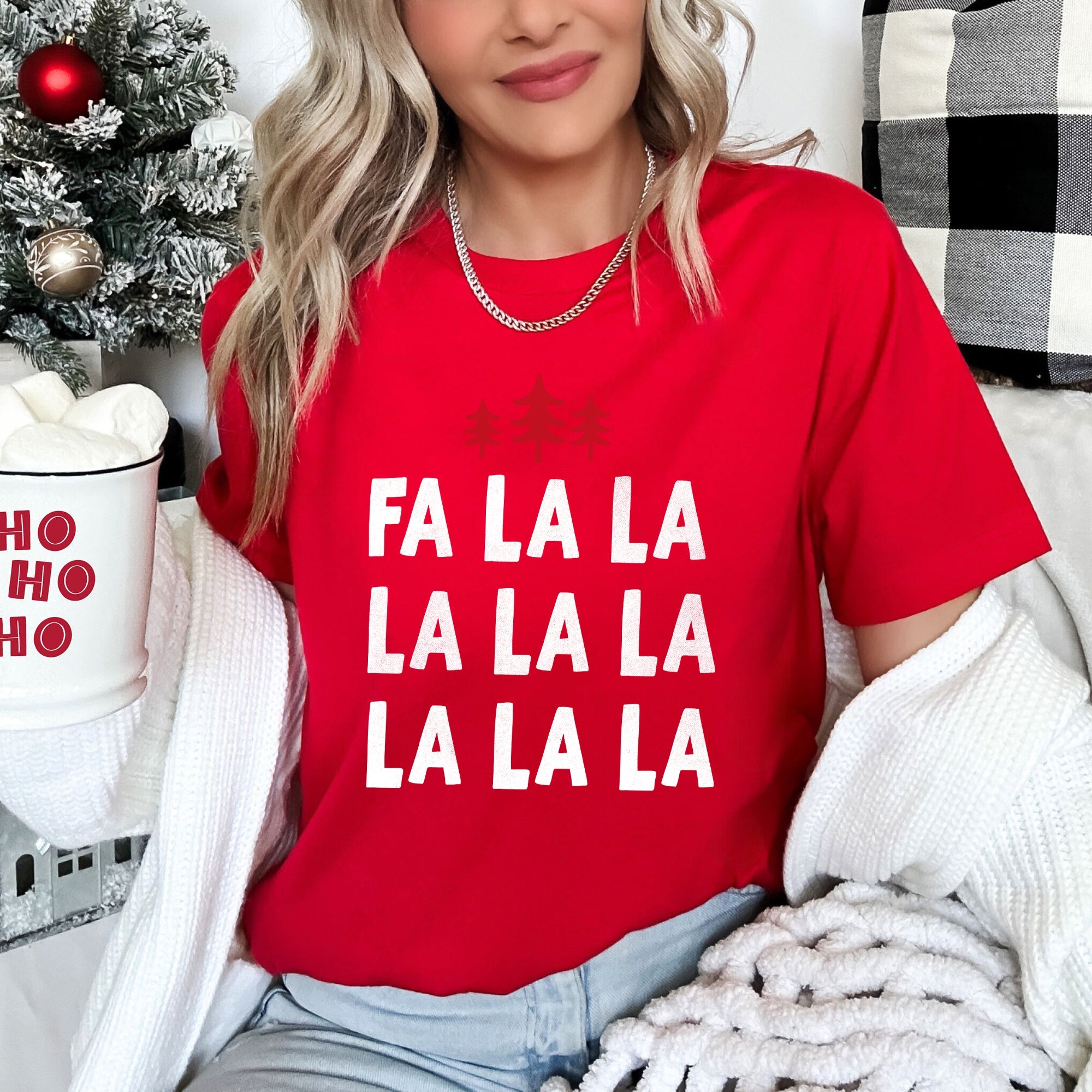 Fa La La Retro Christmas Trees Vintage Holiday Scene With Nordic Pines And Snowflake Motifs Graphic Tee