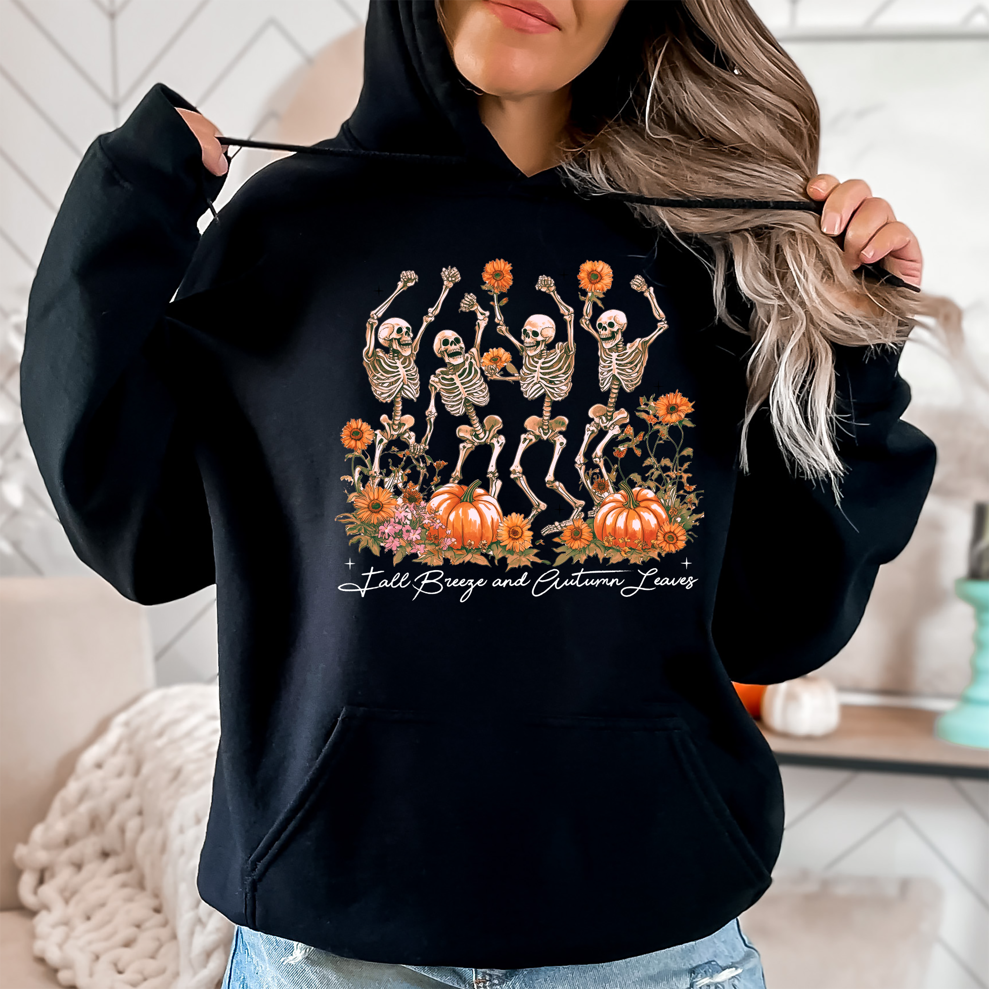 Fall Breeze And Autumn Leaves Skeletons Pumpkin Spice Autumn Skeleton Dancing Skeletons Graphic Hoodie