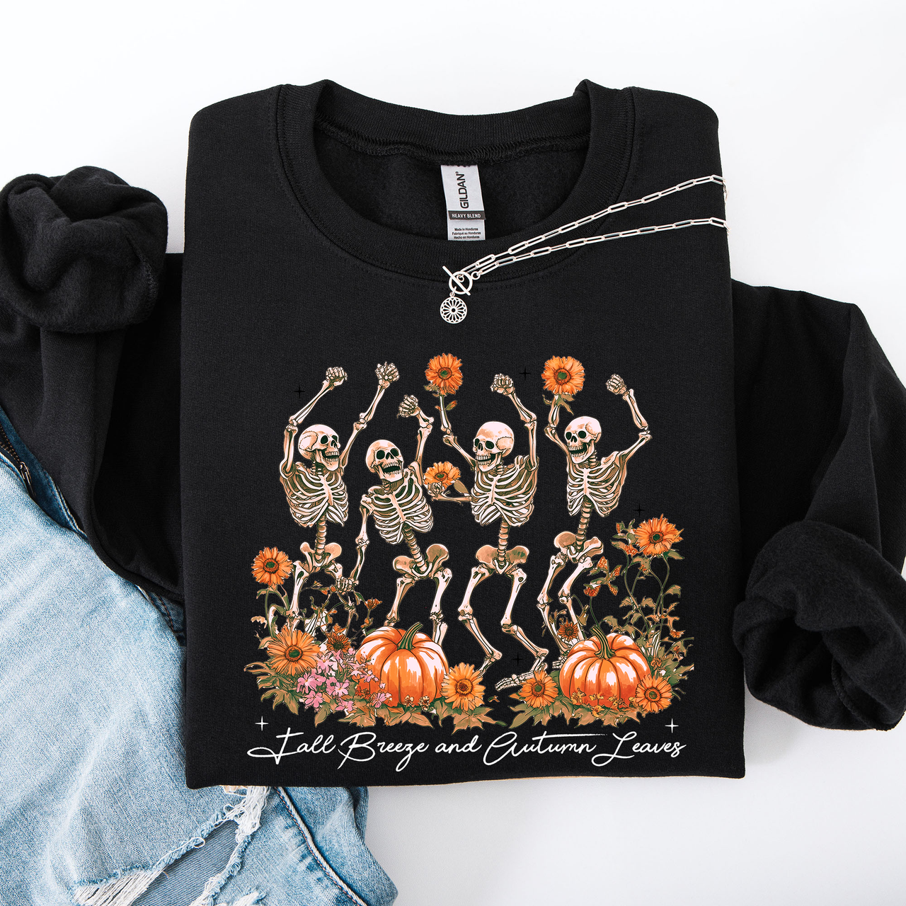 Fall Breeze and Autumn Leaves Skeletons Dancing Pumpkin Spice Halloween Sweatshirt