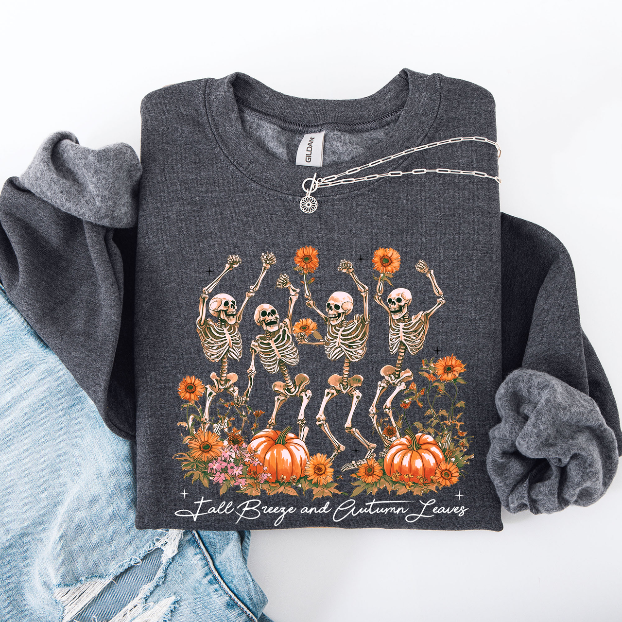 Fall Breeze and Autumn Leaves Skeletons Dancing Pumpkin Spice Halloween Sweatshirt