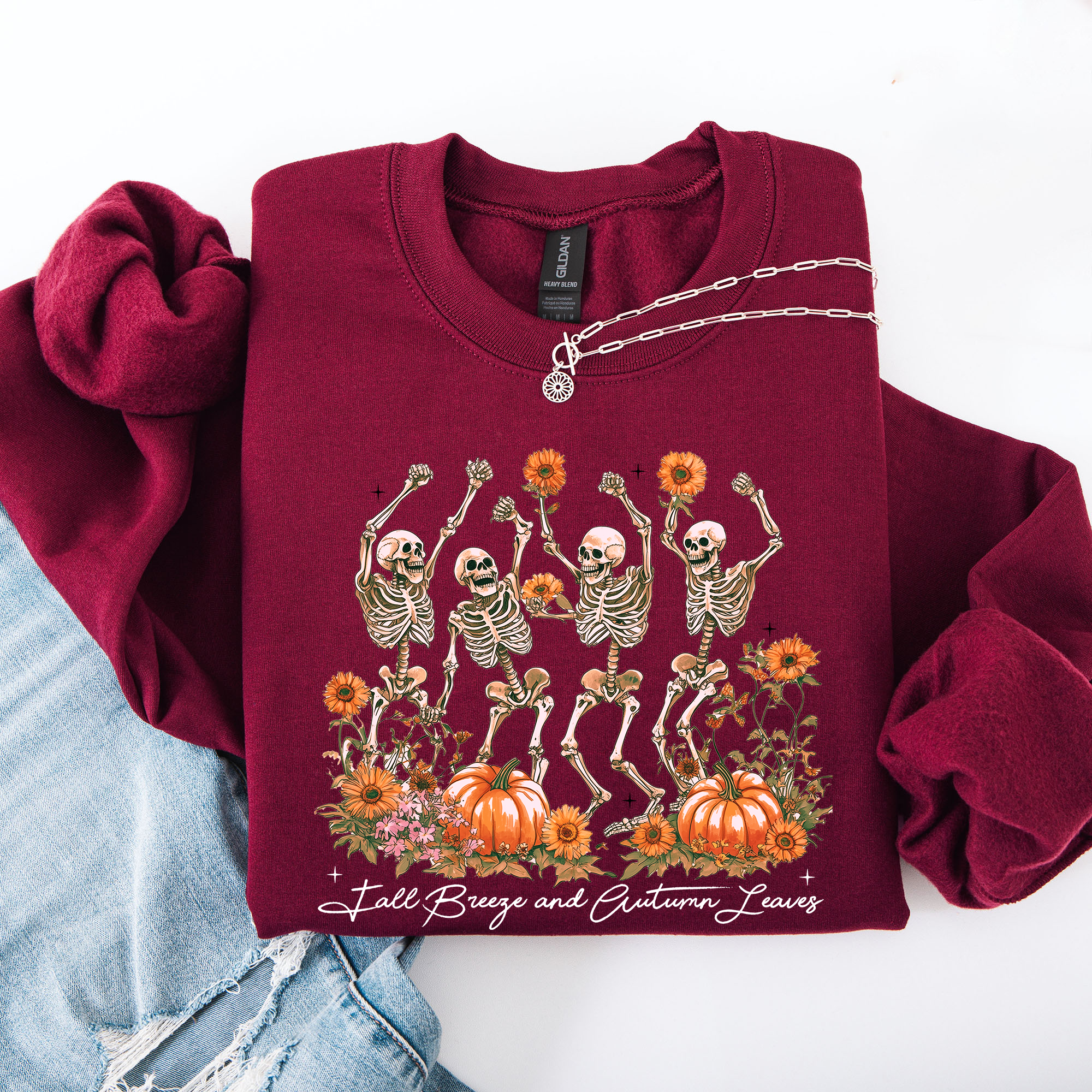 Fall Breeze and Autumn Leaves Skeletons Dancing Pumpkin Spice Halloween Sweatshirt