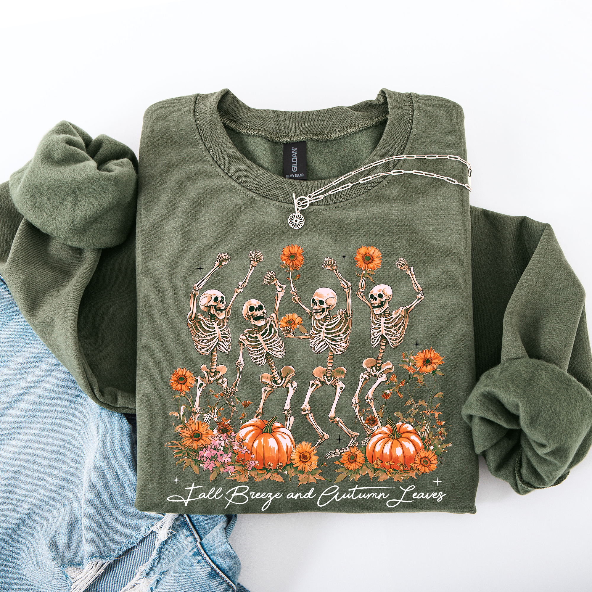 Fall Breeze and Autumn Leaves Skeletons Dancing Pumpkin Spice Halloween Sweatshirt