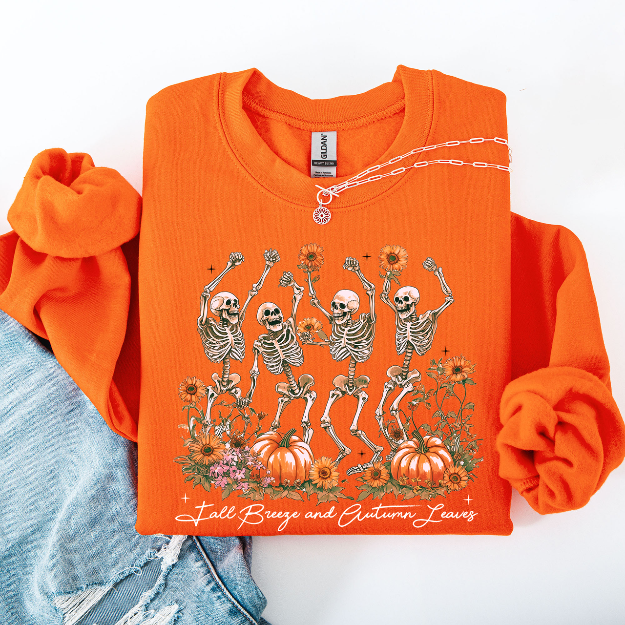 Fall Breeze and Autumn Leaves Skeletons Dancing Pumpkin Spice Halloween Sweatshirt