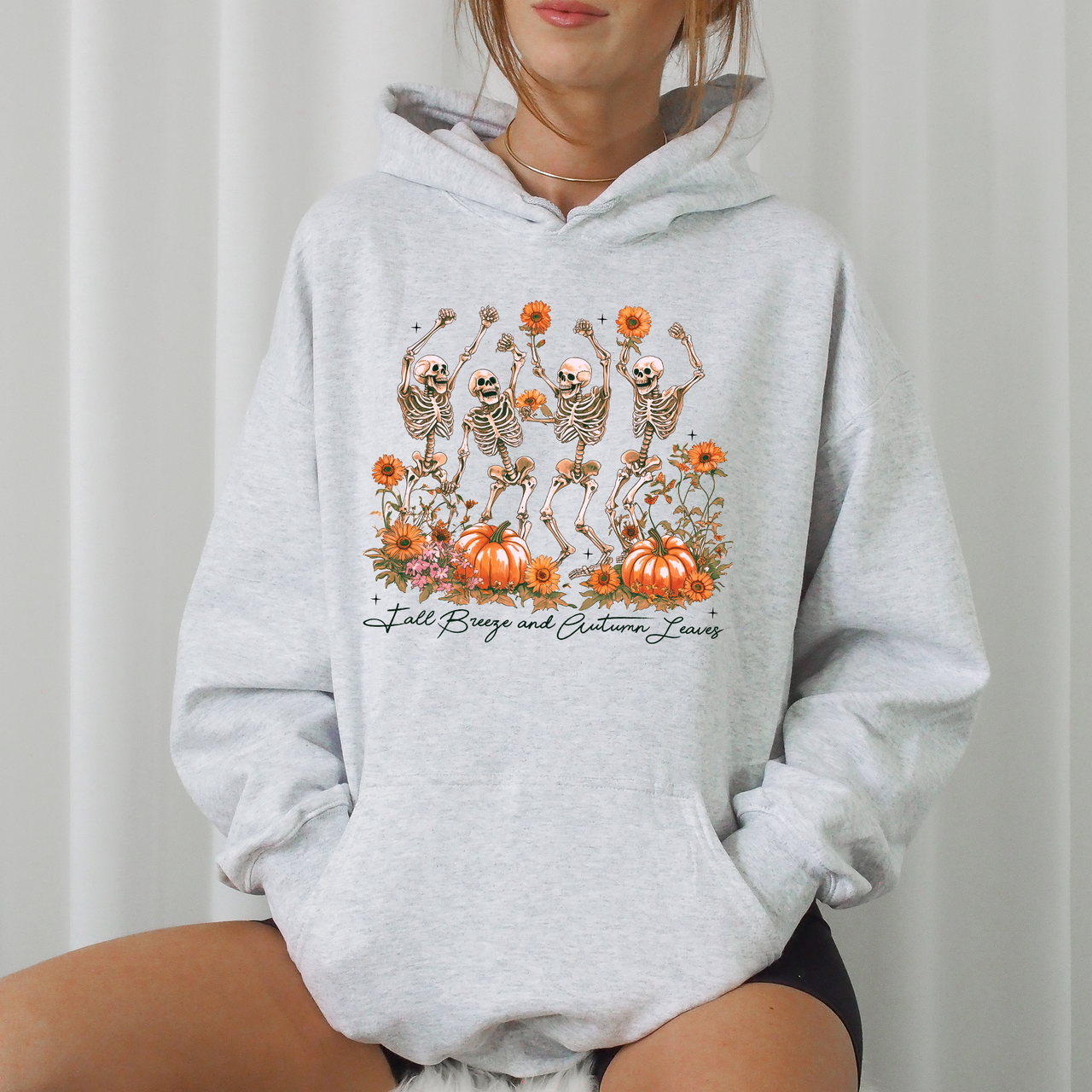 Fall Breeze And Autumn Leaves Skeletons Pumpkin Spice Autumn Skeleton Dancing Skeletons Graphic Hoodie