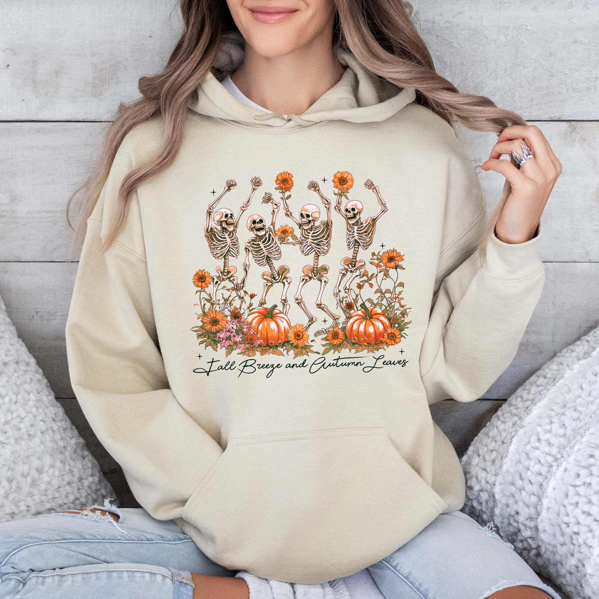Fall Breeze And Autumn Leaves Skeletons Pumpkin Spice Autumn Skeleton Dancing Skeletons Graphic Hoodie
