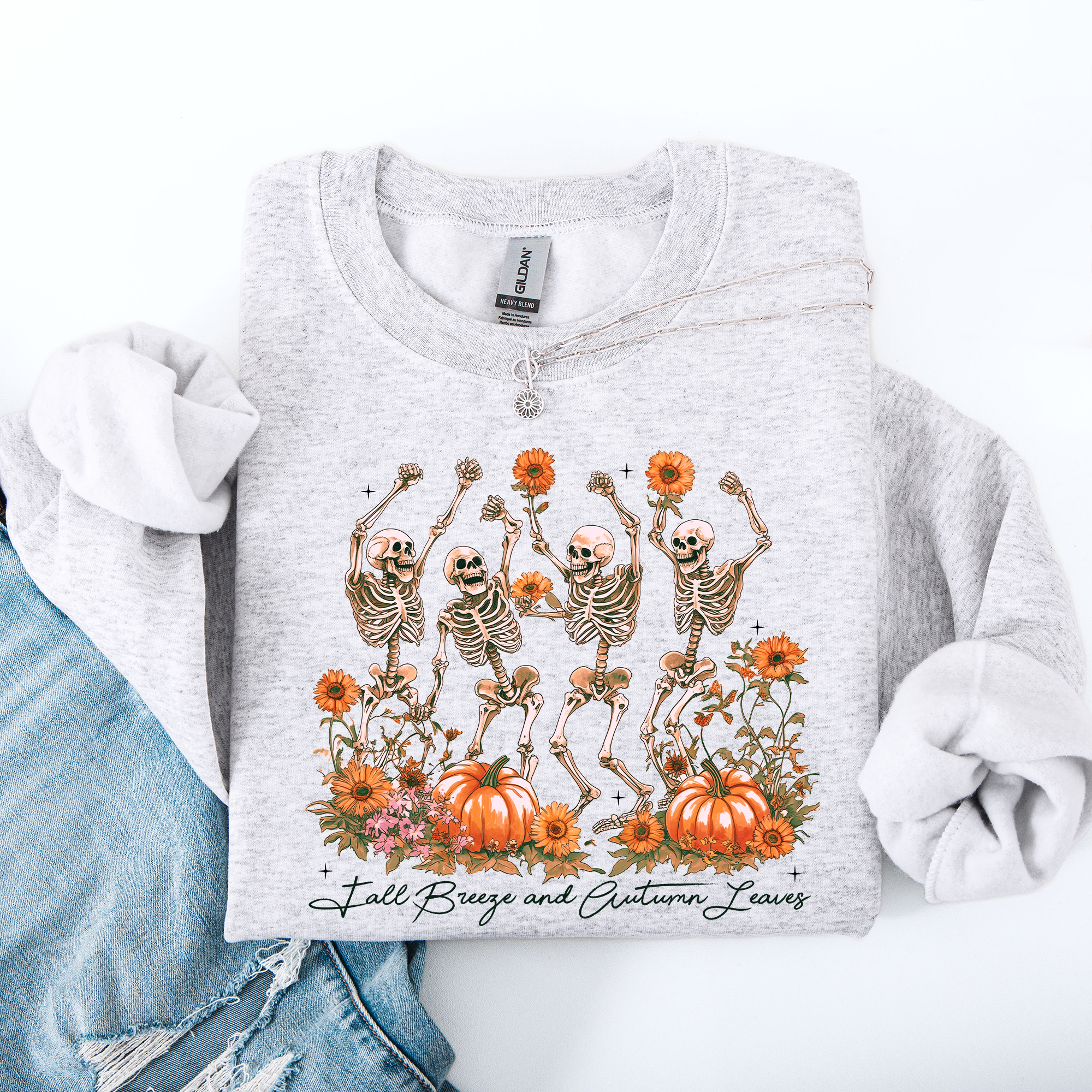 Fall Breeze and Autumn Leaves Skeletons Dancing Pumpkin Spice Halloween Sweatshirt